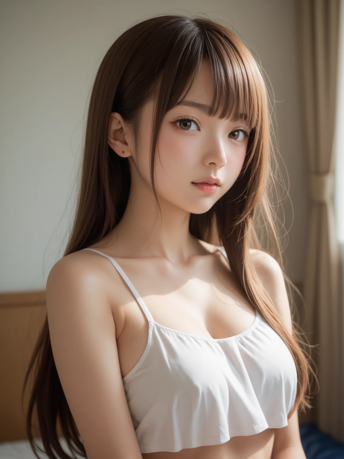Best quality, focus on the face, soft light, ultra high resolution, (photorealistic:1.4), raw photo, korean girl, One, Cute, (student, lights in the eyes), detailed beautiful face, (Small chest),(High resolution human skin texture detail), (long hair), in room, Damask shirt dress, (portrait)