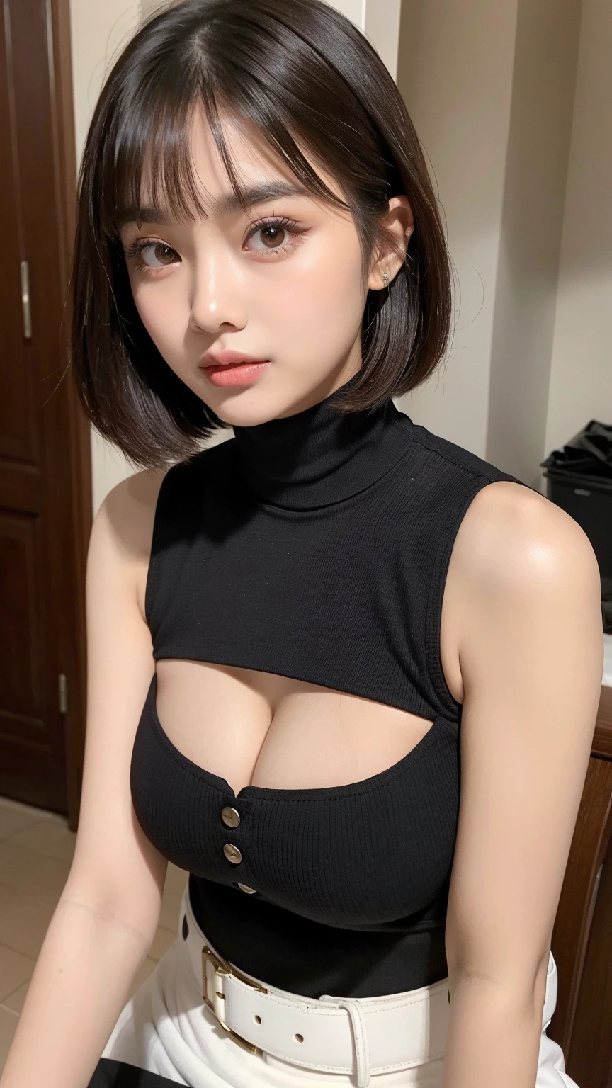 1girl, solo, breasts, jewelry, skirt, necklace, shirt, looking at viewer, indoors, cleavage, short hair, bare shoulders, off shoulder, black shirt, standing, off-shoulder shirt, long sleeves, blue eyes, realistic, flower, lamp, black hair, pencil skirt, bangs, miniskirt, table, breasts, lips, collarbone, vase, white skirt, brown hair, earrings, side slit, bob cut, white flower, huge breasts, closed mouth