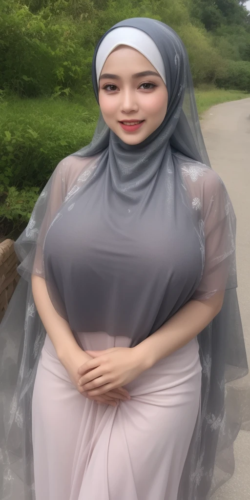 Jumbo (Oversized), Chubby adorable, 1 girl, (face to face), , baby face, angry face expression, half body portrait, (face details: 1), (eye details: 1), ((big breasts)). wearing transparent transparency soft long shirt, hijab, .. Cute posed. proportional body. Ultra High Res. realistic: 1.4, UHD, ((lace pattern)), ((Bigger:2.3)), (((GREY BACKGROUND)))