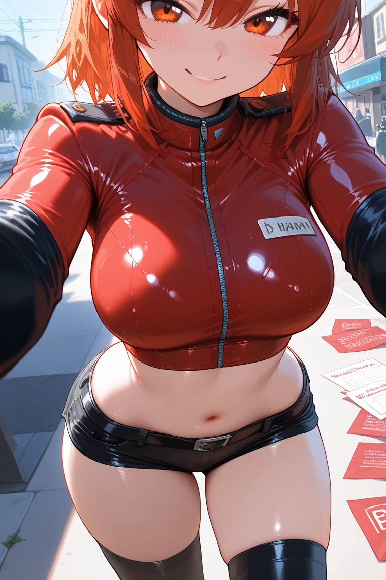 masterpiece, detailed quality, 1girl, black background, score_9, source_anime, score_8_up, score_7_up, x3dce, 3d, <lora:X3dCE_PDXL:.8> looking at viewer, <lora:redhood-nikke-richy-v1_pdxl:0.8> nikkeredhood, red hair, long hair, headgear, yellow eyes, red scarf, crop jacket, black shrug \(clothing\), navel, midriff, zipper, cleavage, large breasts, suspenders, fingerless gloves, belt, black pants, asymmetrical legwear, hip vent, 1boy, penis, pov