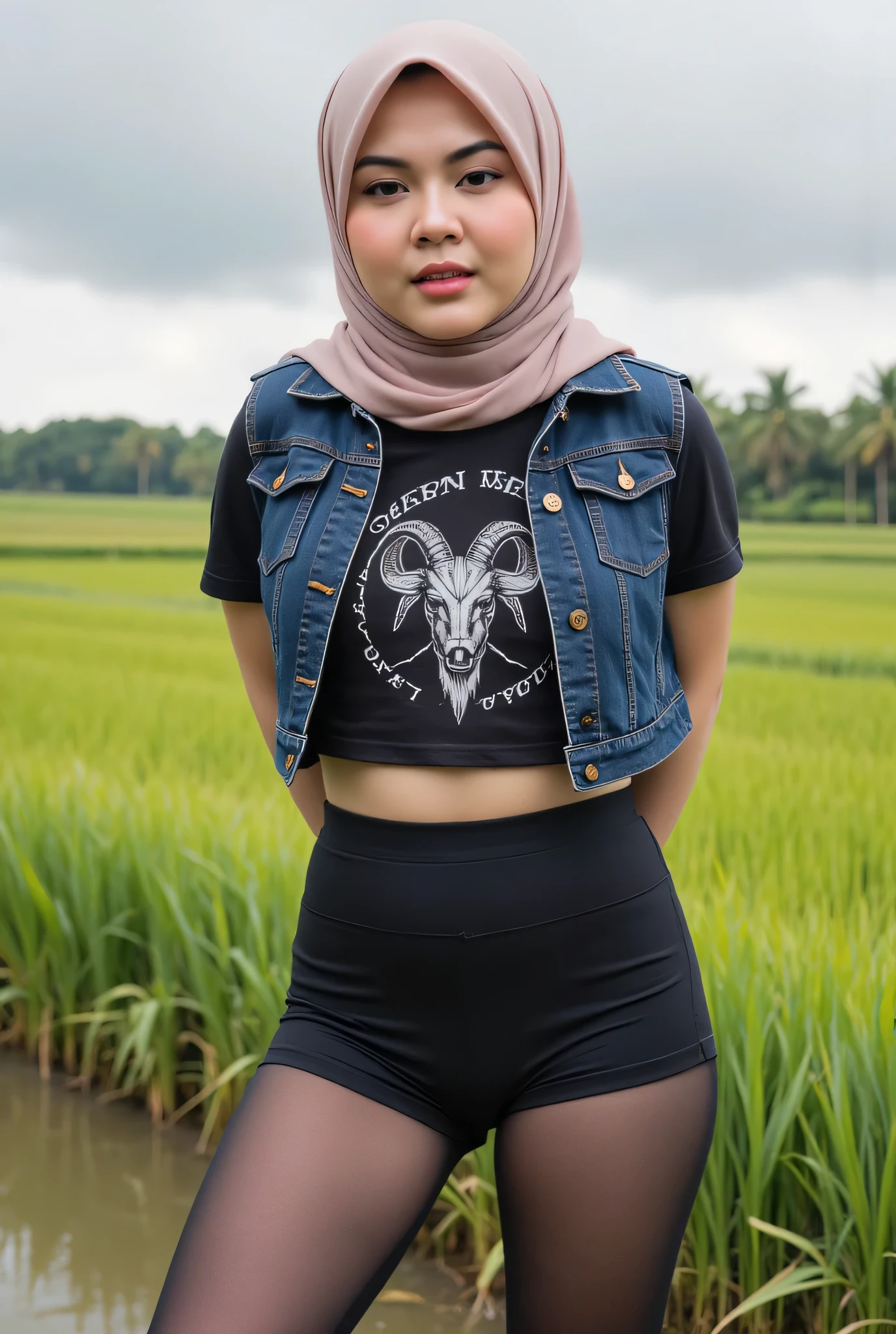 The angry face expression! Just Front photo, wear a loose drop Looks like a little rubber panties pastel translucent (black) leggings closed my center, Tetek besar melayut, hijab hijab hijab hijab, (photorealistic:1.6), background rice paddy. daytime atmosphere, don't put any rope! flat chest!, duduk di atas kerusi kaca, hands behind back while legs astride, view from front, wearing short t-shirt 'Death Metal' Goat satan logo print & mini unbuttone vest denim.