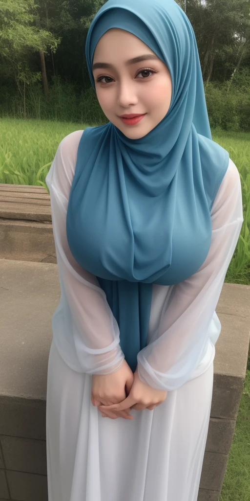 a beautiful young woman hijab, (((super big breast))), (very big breast covered), (Big breast), bare breast, perfect face, (((very huge big breast,))), ((( Big Breast))) long dress muslim, (((covering mouth, long veil))), Slim Face、20 years old, stil young, Pretty Lady, smile eyes, stand up, (big breast covered) , big ass, see full body, back view, bum showing, buttock emphasis, batthroom, wide hips