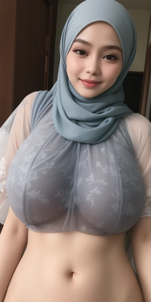 (masterpiece), super detailed, super detailed, 4k, HDR, Indonesian girl 20 years, full body, (korean mix), hijab, nude, big round open chest, big boobs, big tits, huge tits, super plump, perfect eyes , pale skin, fair skin, perfect skin, no bra, no panties, naked, standing by the car, clear morning sky, half smile, chubby cheeks,