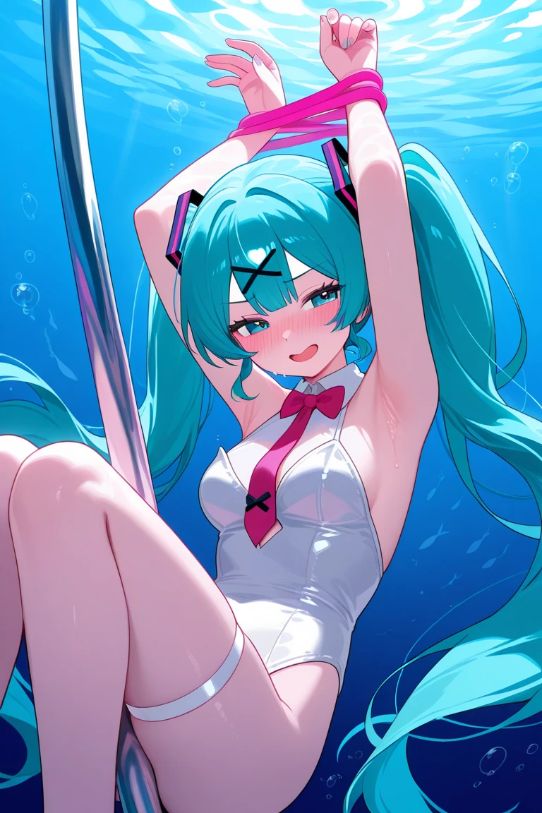  hatsune_miku absurdres highres 1girl aqua_eyes aqua_hair aqua_necktie arms_up black_thighhighs blush detached_sleeves foot_out_of_frame hair_between_eyes hair_ornament horizontal-striped_bikini long_hair looking_at_viewer lying meme_attire miku_collar_bikini navel necktie on_back partially_submerged shallow_water sidelocks smile thighhighs tie_clip twintails very_long_hair water covered_nipples 