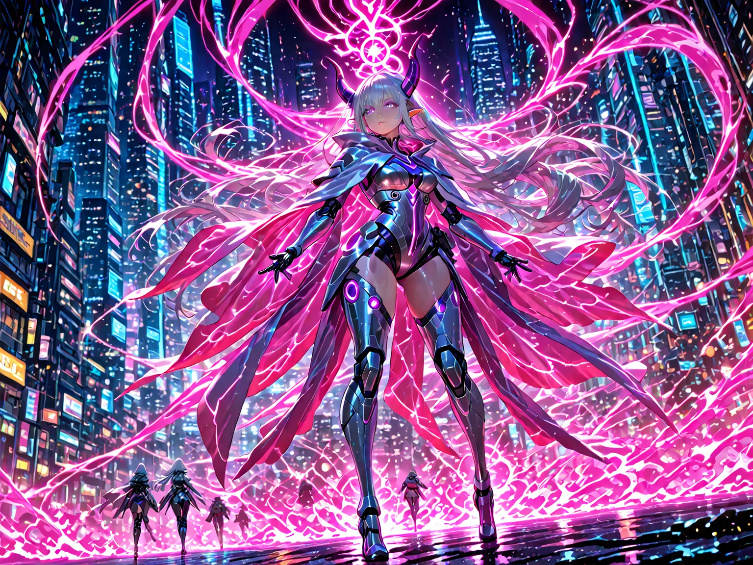 A woman in neon pink cybernetic outfit masterpiece, highest quality, (solo focus), (perfect face:1.1), (full body), (high detail:1.1), (hyper detailed eyes), dramatic, a woman with pale skin and long voluminous dark green hair, green eyes, solo, long hair, arrogant expression, heels, white background, cinematic lighting, fashion, BalenciagaStyle