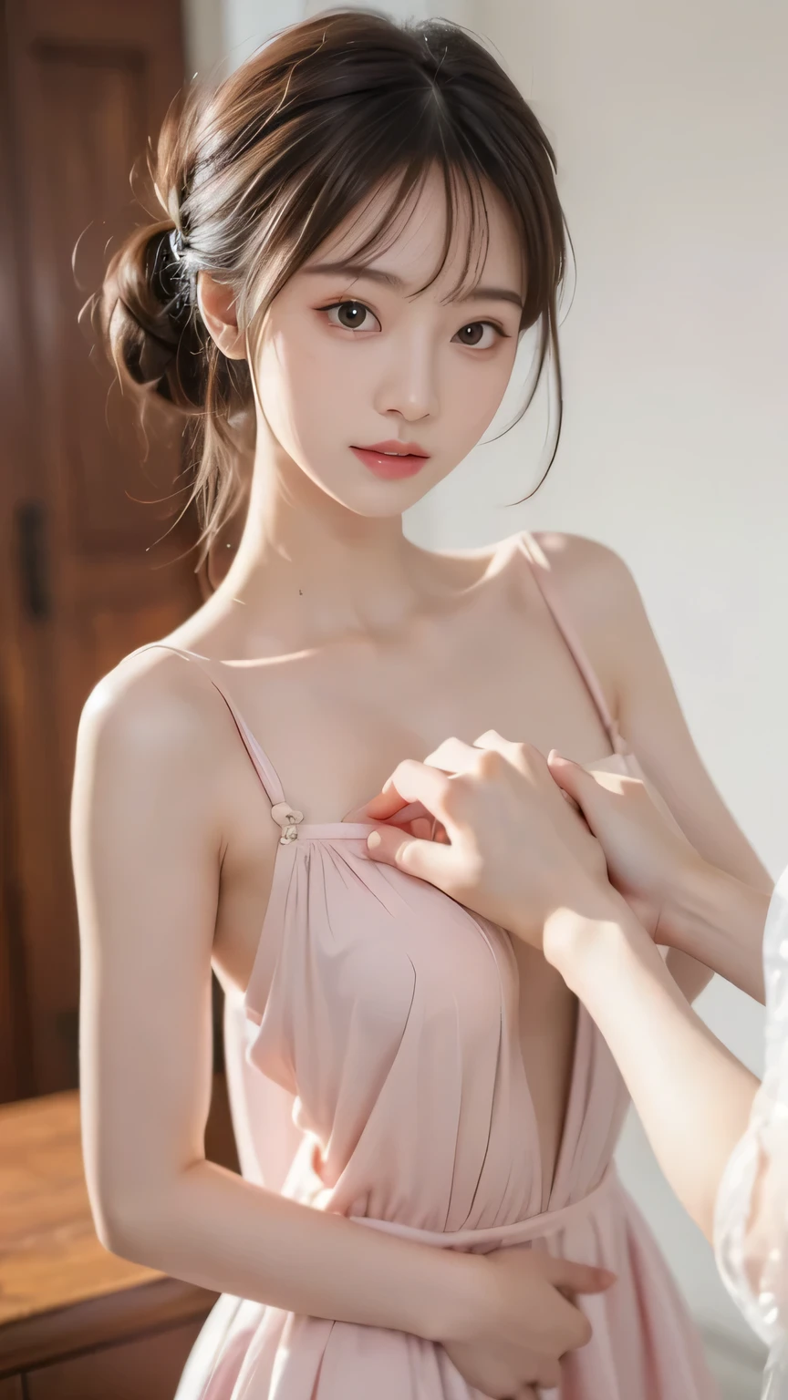 (masterpiece, top quality, best quality)、photoreality、Ultra High Definition、girls, Chinese dress、cute dress、slim hip、thin tights, summer, living、Sunshine, high resolution, Super Detailed、(Blush、Staring fascinatingly )、(big breasts、 cleft)、((Messy Hairstyle))、(perfect anatomy)、(Detailed Handshake:1.3, Perfectly Right Hands:1.3)