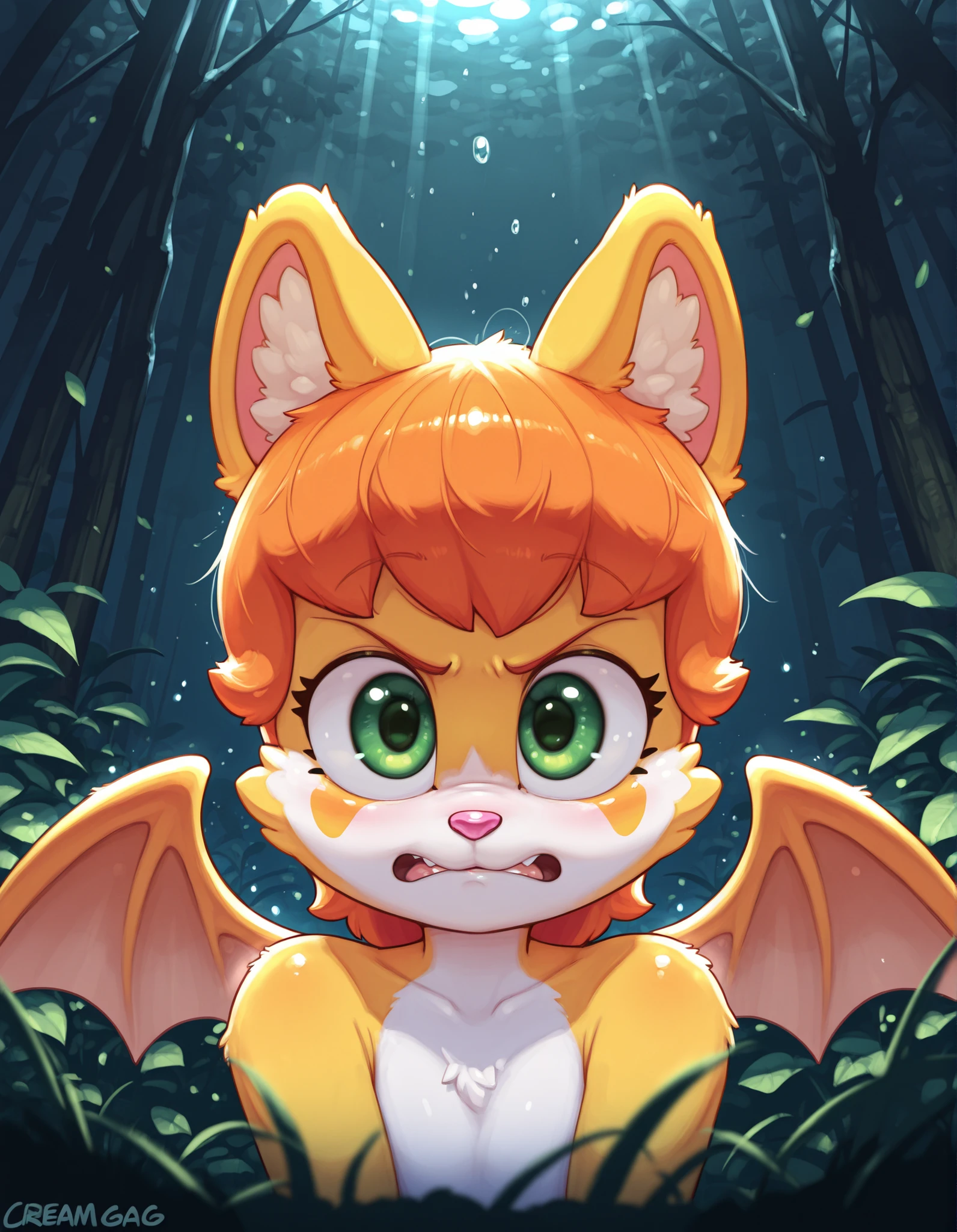 creamgag,, masterpiece, best quality, very aesthetic, (1girl:0.7),, (solo:1.3), furry, fidget \(elysian tail\), nimbat, fidget_daet, anthro, furry female, wings, tail, green eyes, colored sclera, bat wings, facial markings, orange fur, white fur, two-tone fur,membranous wings, fluffy, portrait, big eyes, young, BREAK, masterpiece, best quality, high quality, particles effect, [:by Desubox:0.15], [:by Anchee, by Snowskau:0.55], detailed background, detailed foreground, subtle shadows, depth of field, backlighting, plant, nude