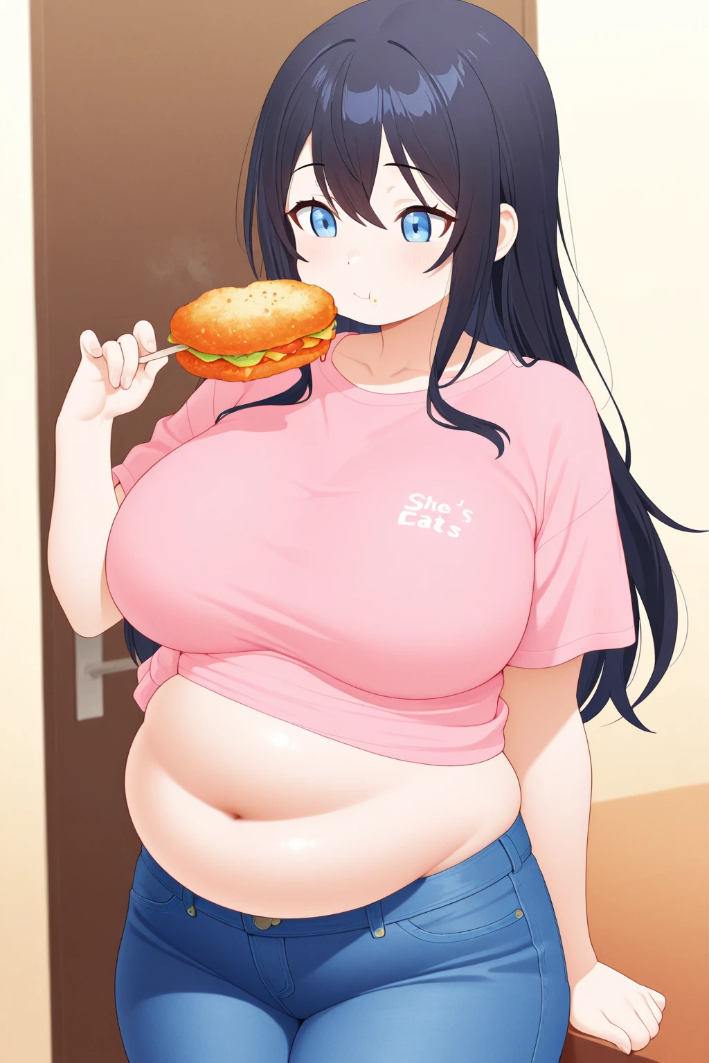 1girl, solo, Lalia from Craving Control, chubby girl, long bright Red hair, piercing Blue eyes, big bosom, eating a buffet, Pink pajama pants, White top, long loose hair, no hair pin