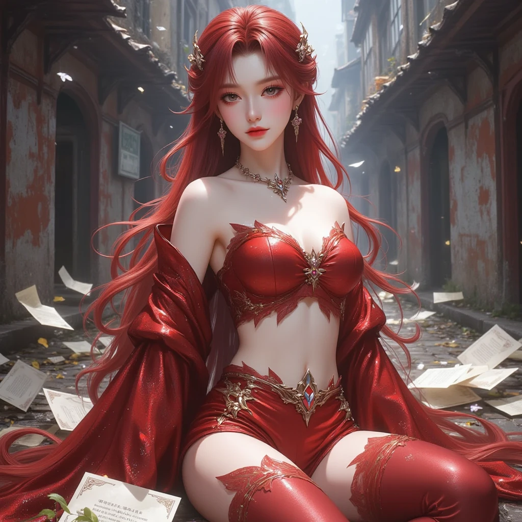 Girl, scarlet red and gold dress, topless, scarlet red hair, tiara, glove, chokes, scarlet red long sleeves, scarlet red veils, ear wear, detailed hand, oval face, detailed face, smile, picture form top to knee, sexy pose, large breasts, look at camera, camera from top, detailed, night, moon, dim lighting, forest background, photorealistic, best quality