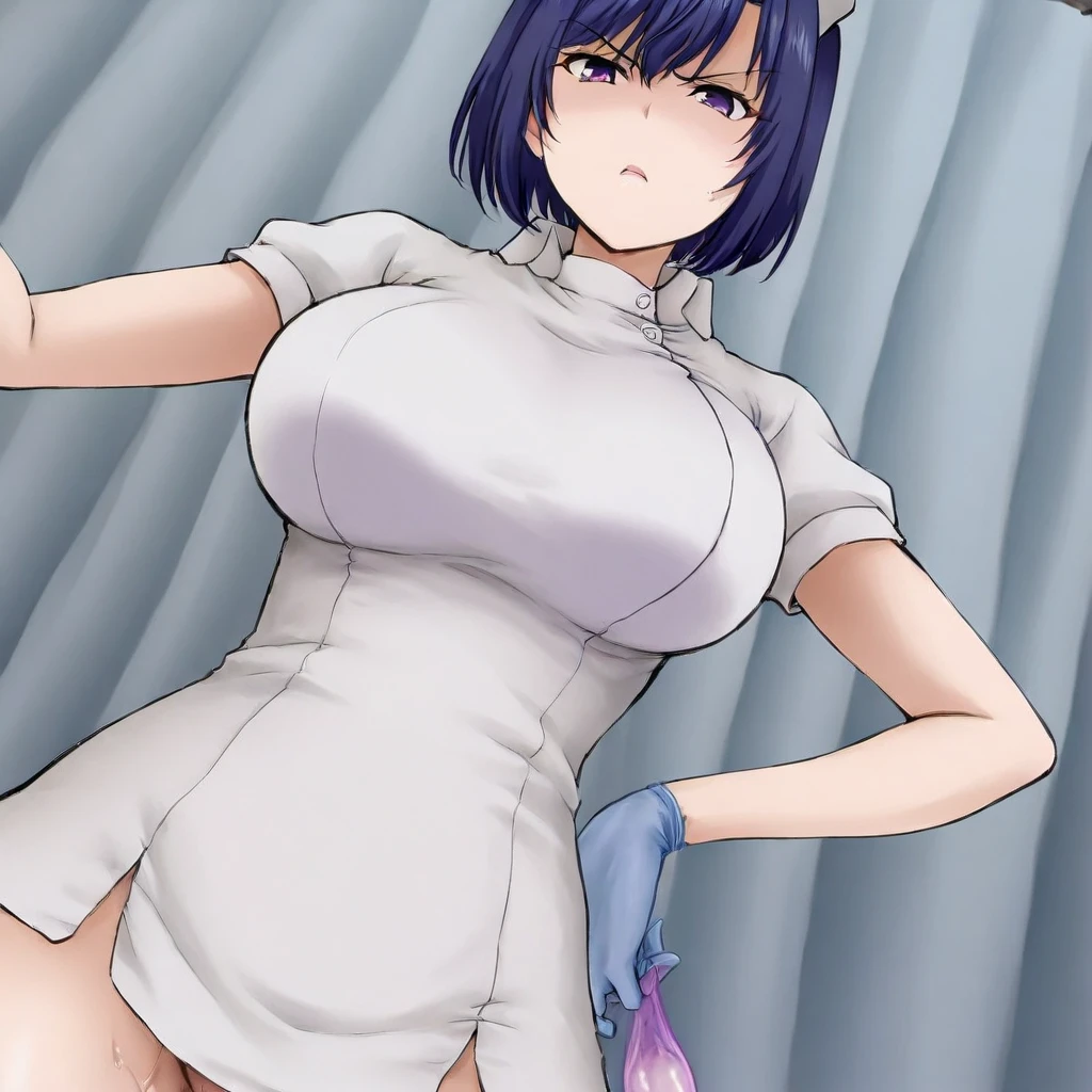 Rieli Bishop(Prison Battleship)、Purple hair、Green Eyes、Huge breastaid clothes、A big smile、Nipple piercing、Standing with your legs apart、toilet、See-through、Masturbation、Chest open、Open neck、clitoris、pubic hair、tits