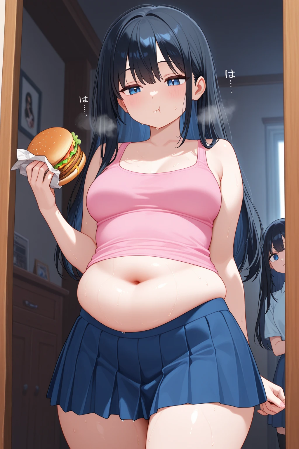 fat, large belly, standing, big belly, very fat, large stomach, chubby (best quality, masterpiece), fat belly, Akane Kurokawa, Akane, fat, large belly, standing, grabbing belly, very fat, large stomach, chubby (best quality, masterpiece), fat belly, at, large belly, standing, grabbing belly, very fat, large stomach, chubby (best quality, masterpiece), thanksgiving, wearing sweater, grabbing belly, sitting down, table with of food, table tons of food, lots of food, holding belly, table with food, sitting, eating  cream