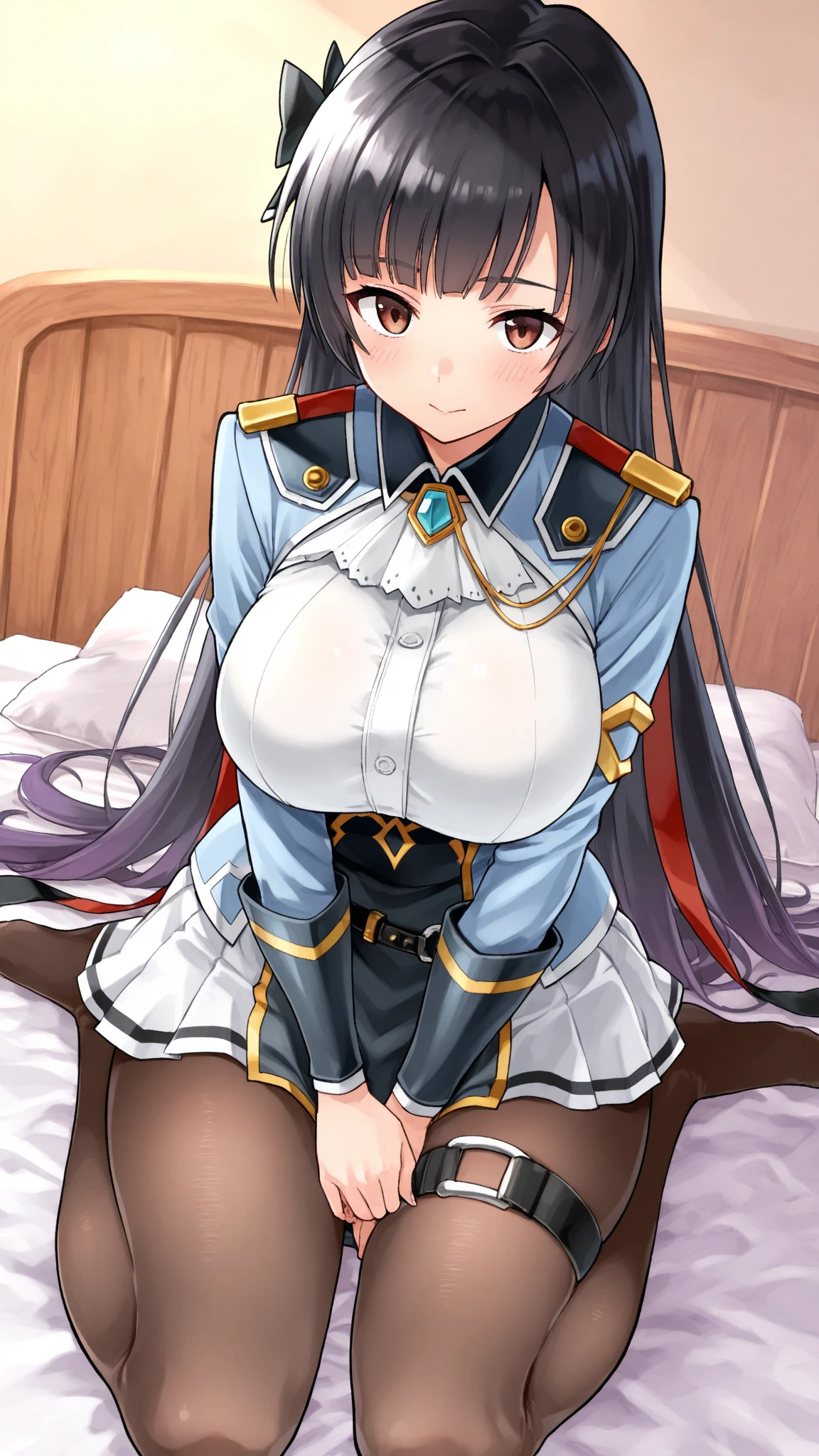 Atago (Azur Lane)、Female 1 person、solo、Long Hair、chest、Staring at the audience、blush、smile、bangs、skirt、Big Breasts、Simple Background、Black Hair、Knee socks、gloves、Long sleeve、White background、ribbon、Animal Ears、ヘアribbon、Yellow Eyes、Thighs、belt、黒Knee socks、白gloves、ミニskirt、mole、uniform、From the side、Absolute area、army、目の下のmole、uniform、Skin dents、Leaning forward、Garter Straps、白skirt、stoop down、白ribbon、Extra ears、ペンシルskirt，No underwear，No pants,Watch Viewer, Sweating profusely, Vulgar,,The crotch is open,,show off,front,Spread your legs,Squat,Pee,pubic hair，pubic hair，pubic hairがはみ出ている，The nipples are erect，Nipples are erect、Spread your with your fingers，