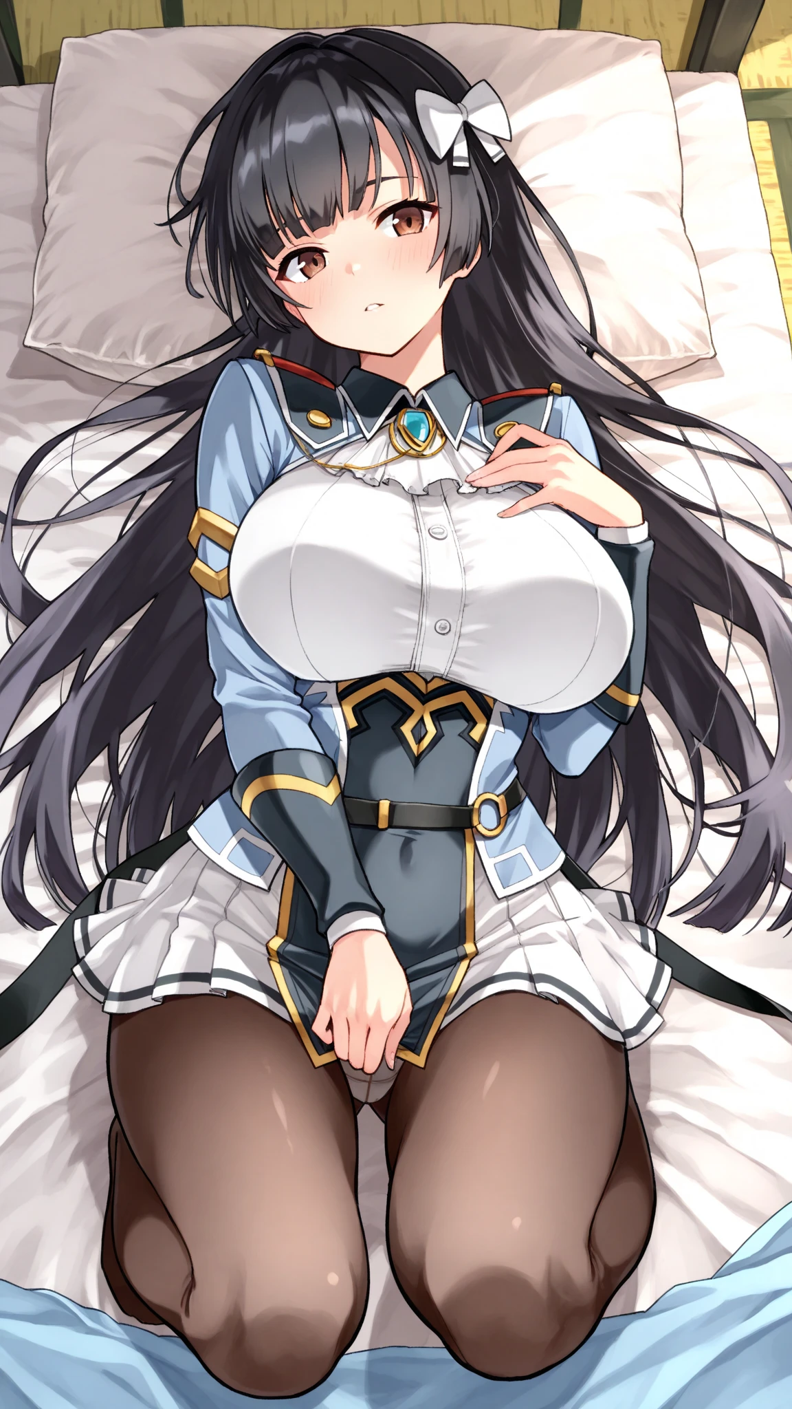 (en haut d'un immeuble), jambes grasses, gros seins, sourire, (extremely fine and beautiful:1.1), (perfect details:1.1), (finely detailed eyes and detailed face:1.3), Marian, Nikke, shirt, necktie, hat, hair ribbon, gloves, belt, skirt, detached sleeves, grey pantyhose, masterpiece, best quality, 1girl, stocking, voluptuous, huge breasts, nipples, solo, pov, lying, shy
