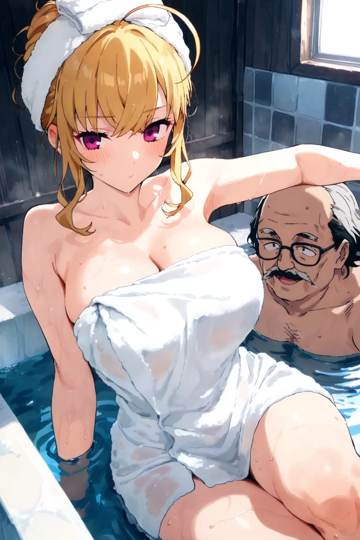 Beauty、Swimwear、Embarrassed、Big Breasts、Being penetrated by a creepy old man