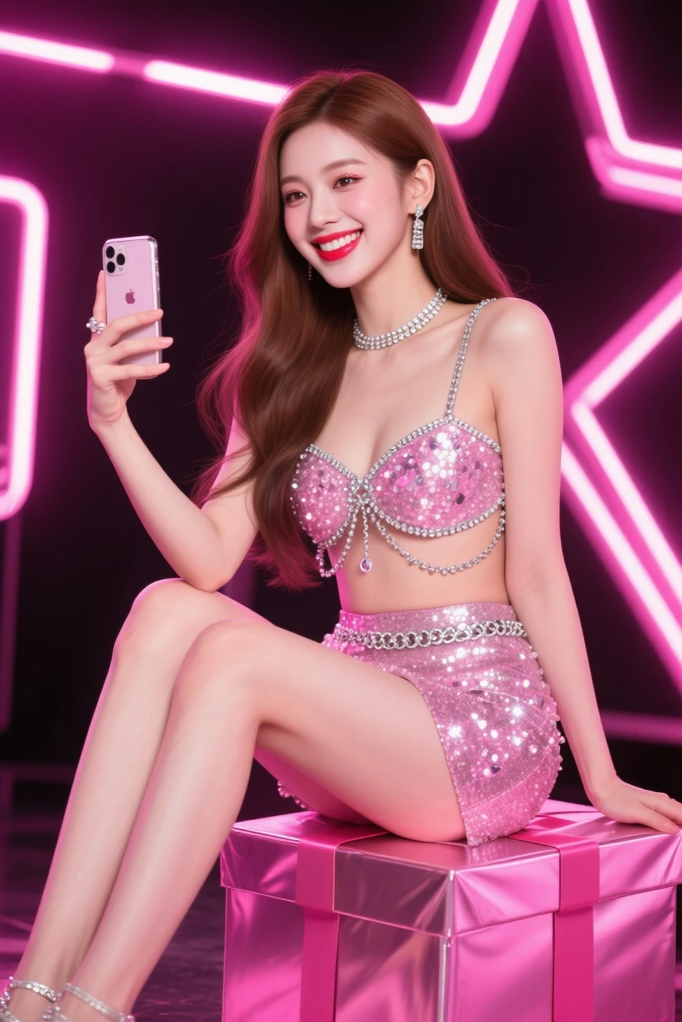 ((top quality、8k、masterpiece:1.3))、Extremely exquisite beautiful girl，full-body shot，Huge breasts，Breast enlargement，amazing breast size，G cup。Wear big earrings，The skin is very white，Hydrating red lips，Very thin waist，Thighs are very thin，Big Ass，Fair and smooth skin，Smooth and fair skin，Flawless skin，Fair and shiny skin，Cool white skin，There&#39;s a camera on the chest，Deep Crack，showing her breast，（Big V-neck），Bright light，（Red transparent lace dress:1.3），Red tulle skirt，Bare shoulders，Light pink hair，The hair is light pink，stage，Red Carpet，Cannes Film Festival，