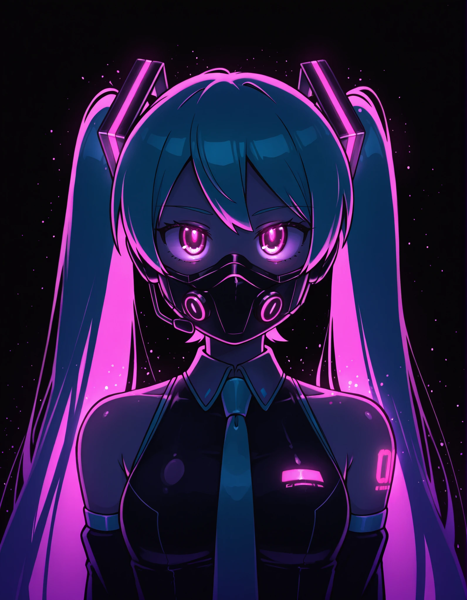 creamgag,, Hatsune Miku,limited palette,black background,colorful,vibrant,glowing outline,neon,blacklight,looking at viewer, masterpiece, very aesthetic,