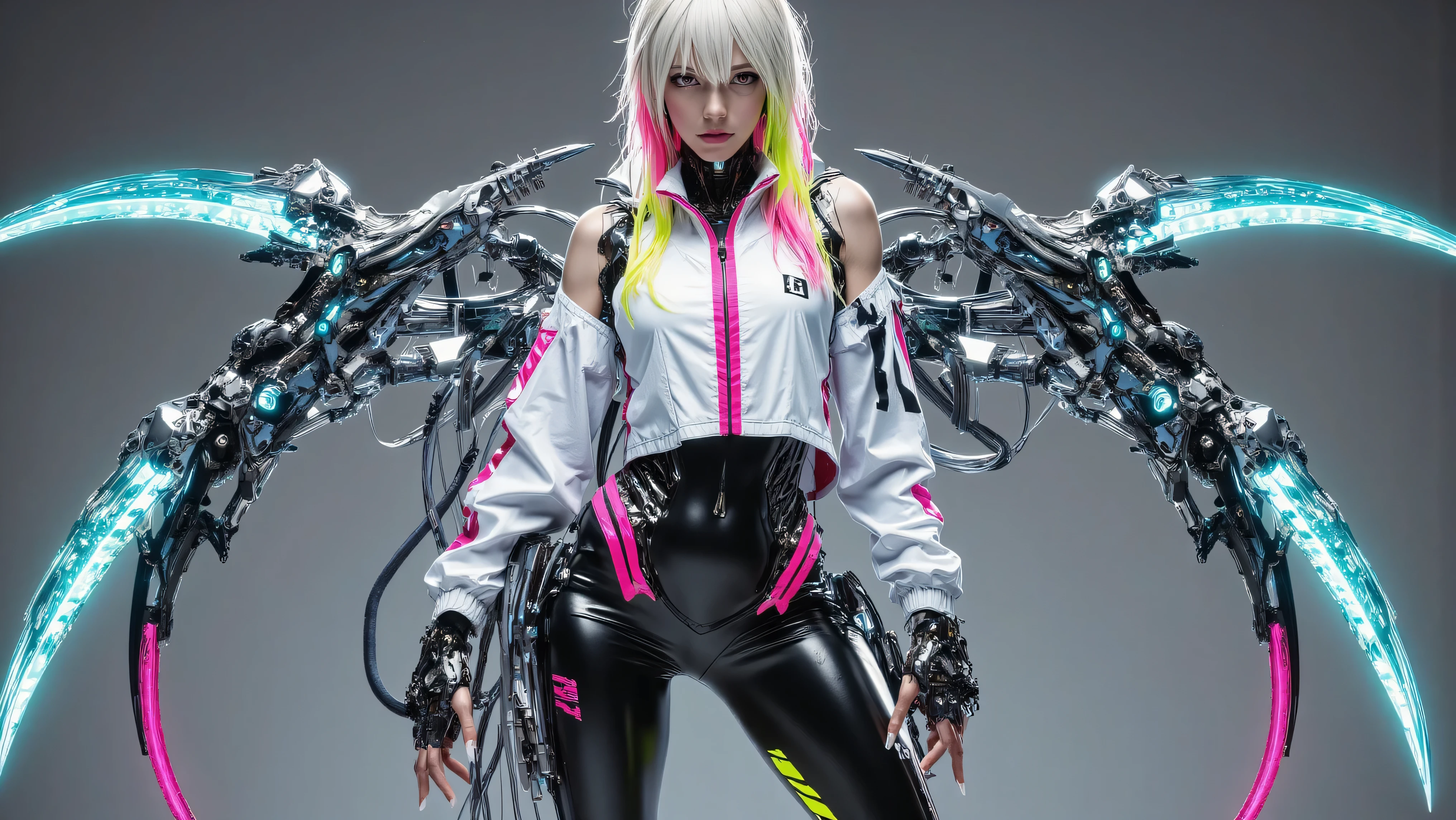 Full body image of a 19-year-old woman, slim but very athletic body, thin waist.
He has long platinum hair with pink and neon green on the tips and a little hair on his face. fair skin, pink eyes with an eyeliner, slightly pronounced copper lips.
She wears a cybernetic suit that covers almost her entire body like a futuristic Cyberpunk style armor, leaving her arms free , stylized to maintain her feminine shape, , also visiting a white motorcycle jacket with pink and red stripes, , and on top she wears urban style black pants with neon stripes and cybernetic boots with pink and turquoise sparkles stands with apart big tight round in viewer's face, , gaze