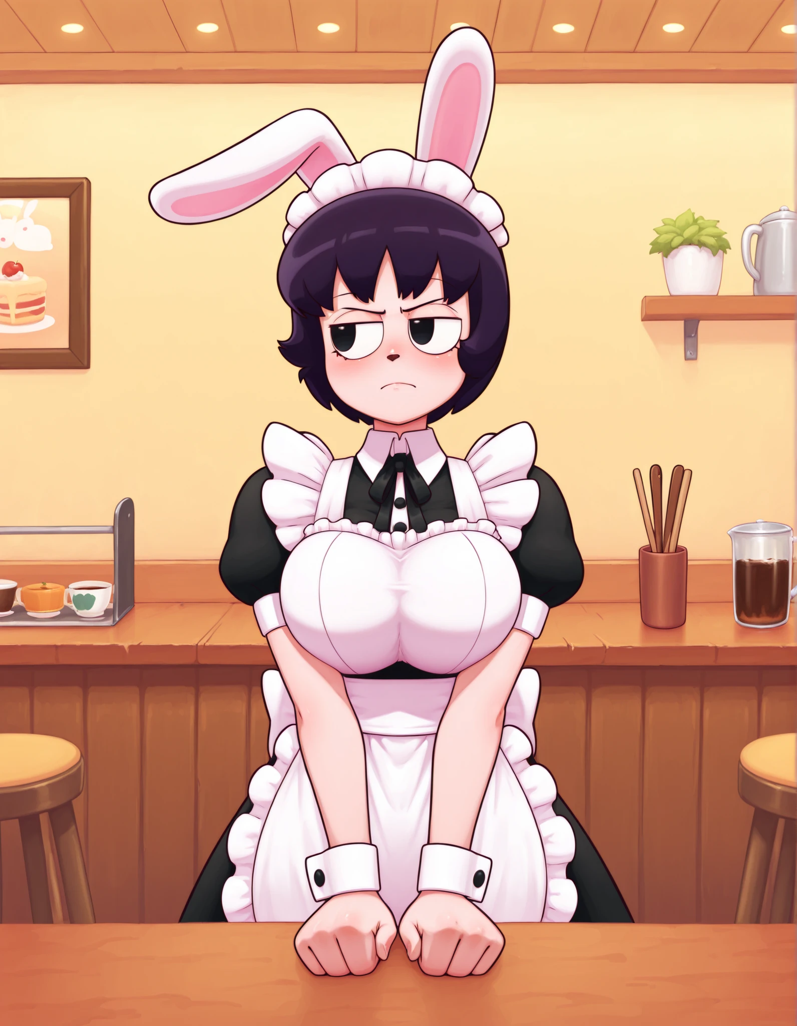 creamgag,, solo, Maya Hell,black eyes,dark hair,bob cut,Maid Outfit、White Apron、White Headdress、 with rabbit ears、cafe,