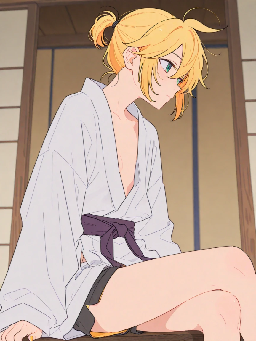 photo, masterpiece, best quality, wallpaper, 1 Boy, short hair, Light hair, Sky blue eyes, kimono,Place your right leg flat on the floor,blue thongs,Expose dick
