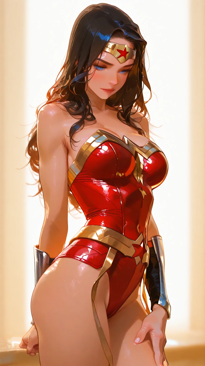 Wonderwoman girl, wonderwoman costume serious and sexy face, has a face of supernatural beauty, long black hair, black hair, as well as aqua eyes. () , (perfect eyes) Her figure is extremely voluptuous, gigantic breasts, heavy breasts, fitness hip, wonderwoman red and gold revealing armour covering breasts, cracked abdominal muscle,Wonderwoman chest armour, aqua thick silk dress, large abdomen muscle,light_blue_hair,

Wonderwoman,1female,((milf,mom,mature,mature woman,45 years old female,adult)),

(large breasts:1.5),saggy breasts,colored inner hair,((aqua_eyes:1.3))),intricate eyes,beautiful detailed eyes,symmetrical eyes,((((lustrous skin:1.5,bright skin: 1.5,skin tanned,shiny skin,very shiny skin,shiny body,illuminated skin)))),(spider lower abdomen,narrow waist,wide hip,bimbo body,inflated legs,thick thighs),(((detailed face))),

(cute,slutty,sensual,seductive look,seductive,((erotic)),opulent,sumptuous,longingly,((nsfw)),

Wonderwoman,,goddess,fantasy,revealing clothing,show skin,cleavage,(((underboob))), (femdom cloth,torn clothes,black clothes),sith style, bare belly,

(dynamic pose:1.0),arrogant face, arrogant smile,
,(centered,scale to fit dimensions,Rule of thirds),

((beautiful bath house made of greek marble and pillars, beautiful clear water in pool)),scenery:1.25,((intricate scenery)),((greek temple background)),

(Glossy greek ornaments),highres,sharp focus,(ultra detailed,extremely detailed),(photorealistic artwork:1.37),(extremely detailed CG unity 8k wallpaper),(((vibrant colors,vibrant theme))),(intricate),(masterpiece),(best quality),artistic photography,(photography taken by sldr),(intricate background),perfect rendered face,perfect face details,realistic face,photo realistic,((intricate detail)),(((realism))),

