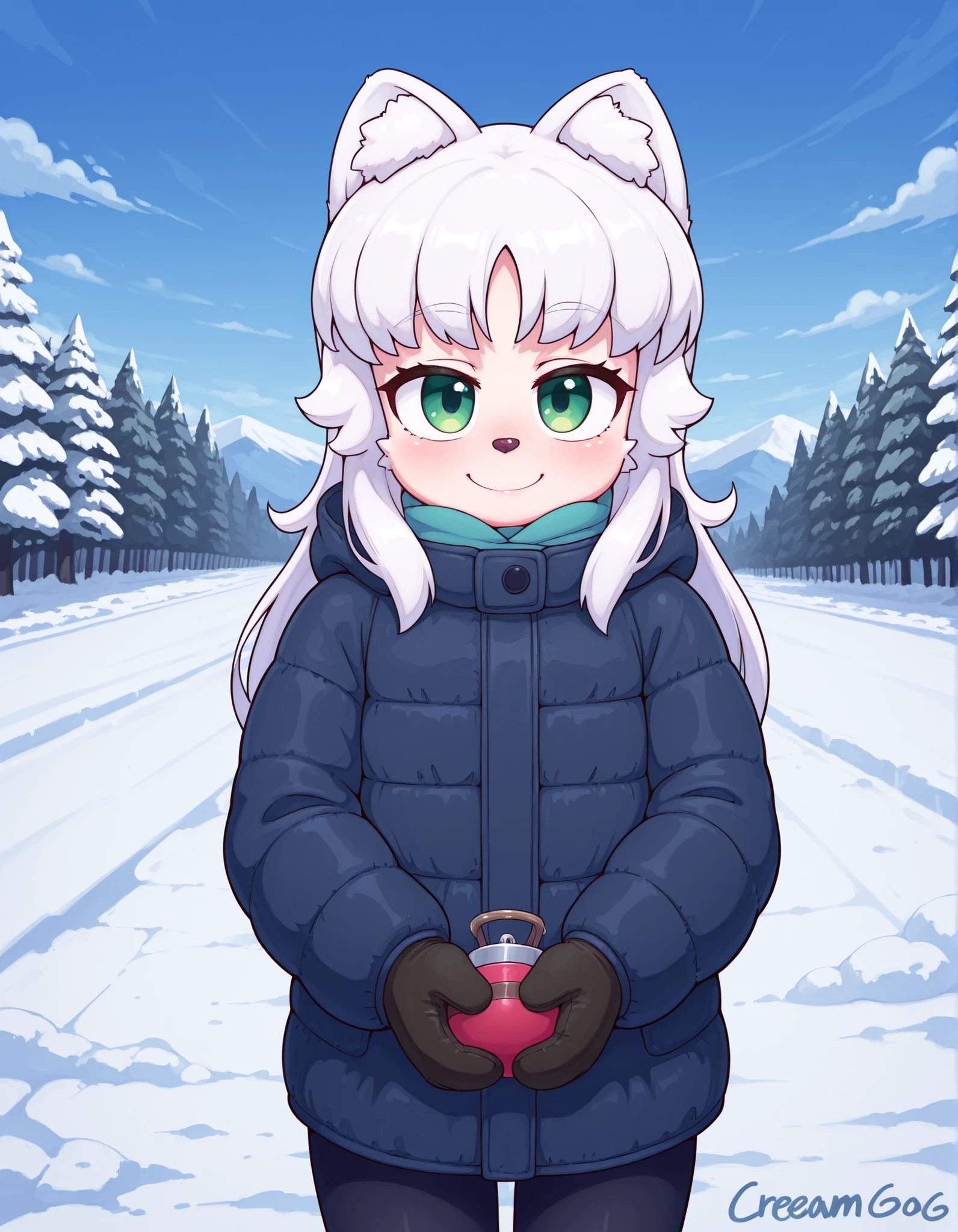 creamgag,, anime, solo, BREAK, young fox girl, skinny and frail, (petite,cute:0.5), green eyes, looking at viewer, long hair, white hair, smile, winter clothes, outdoors, winter,