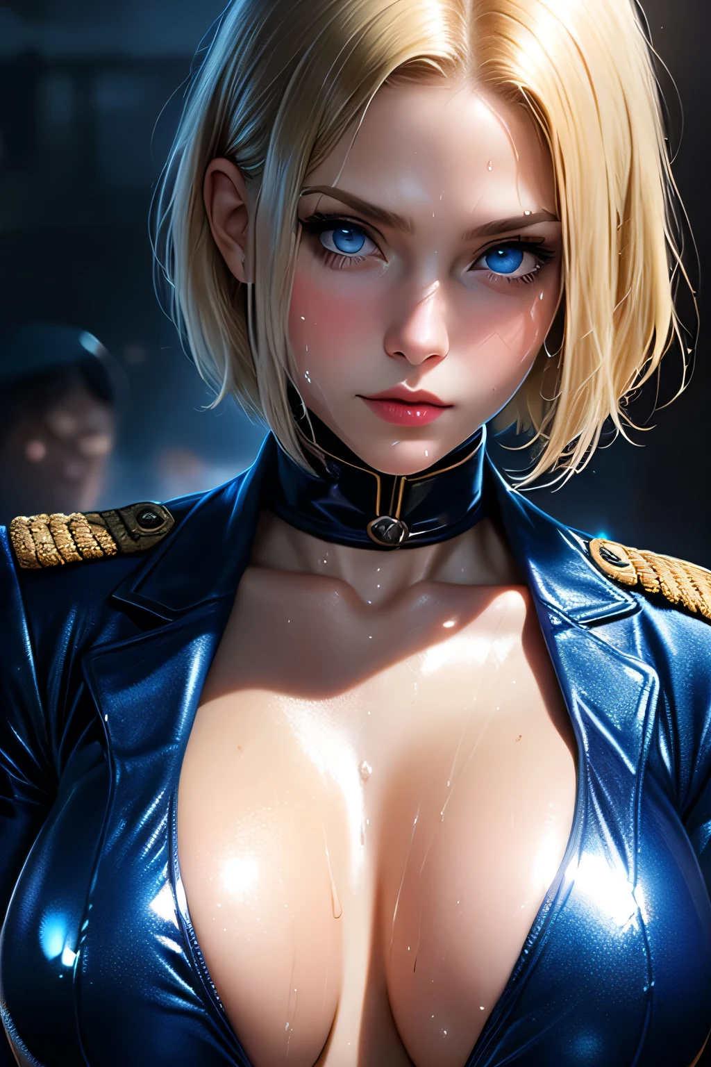 (masterpiece, Highest quality, Very detailed, Best Shadow), (Detailed Background,) SF Liberator Captain Blonde Young Strong Confident Strong Healthy Strong Military Uniform Woman　.4) Dirty body　Upper Body　Sweaty　Big Breasts　Expose　Fluid from the nipples　Reverse Rape　slimy　saliva　urination　Observe the audience　Attractive body　Muscular　Lure　sweating　