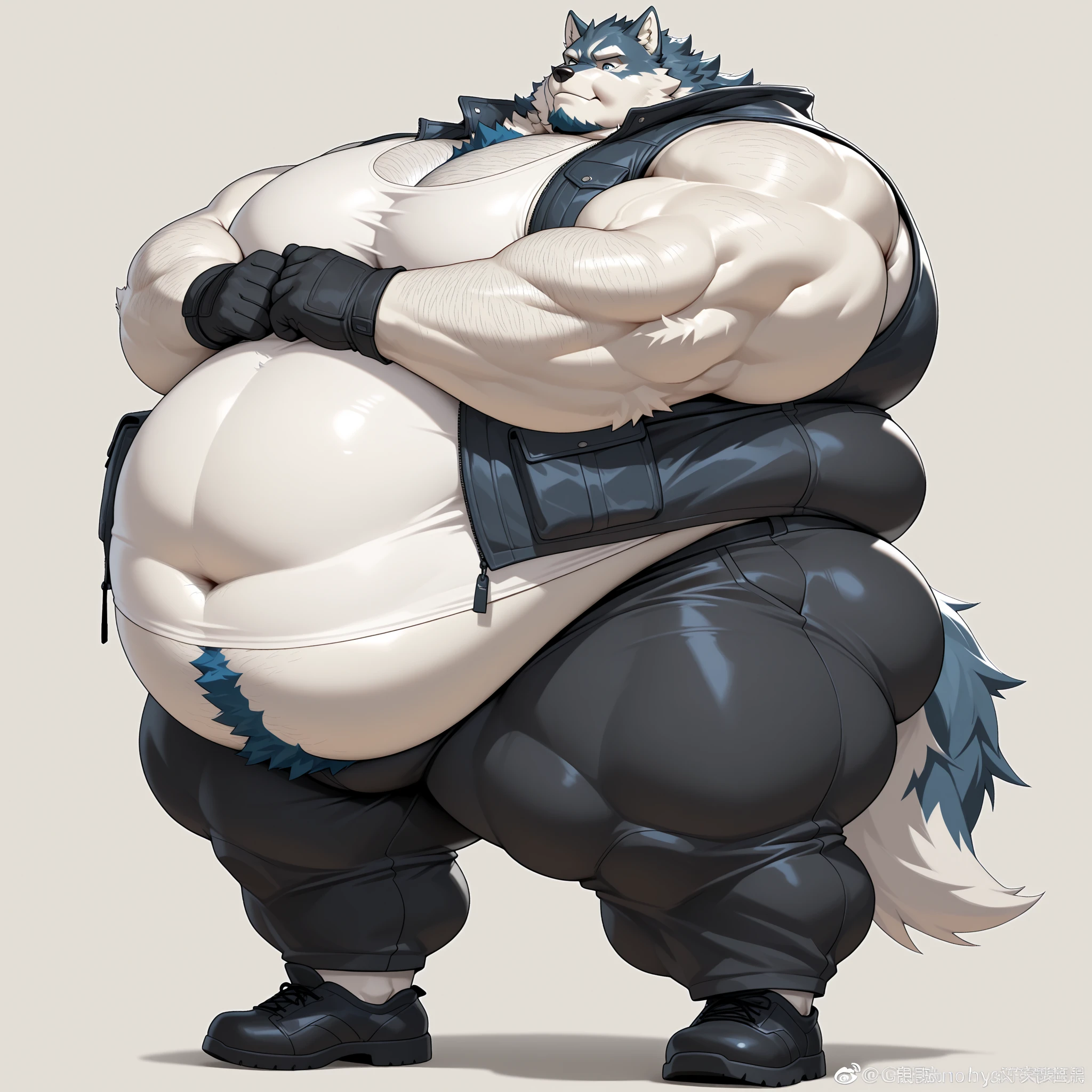 solo, male, wolf, very obese, musclegut, mature male, angry, arms crossed and fat, full black dark fur, red eyes, obese body, half-body, white background, by mystikfox61, by bebebebebe