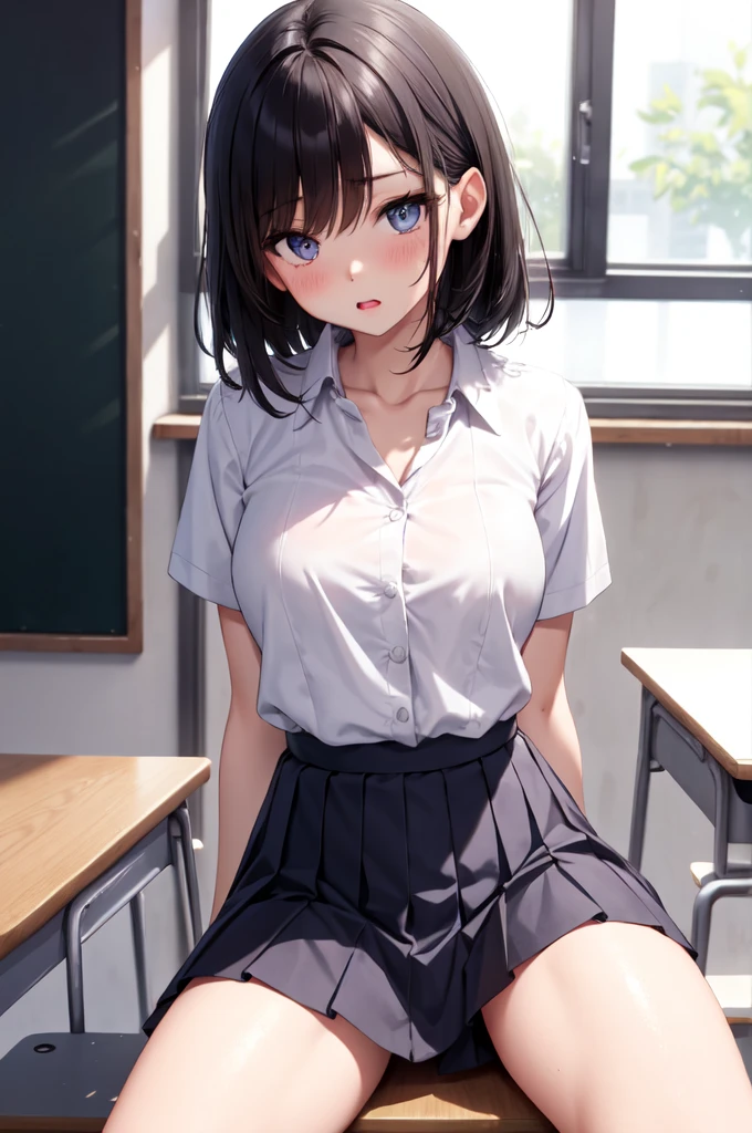 (masterpiece), (Highest quality), (high resolution), 1girl, bare breasts, bare belly button, small breasts, nipples, blouse, uniform, frilled skirt, classroom, sitting, black hair, middle hair, straight hair