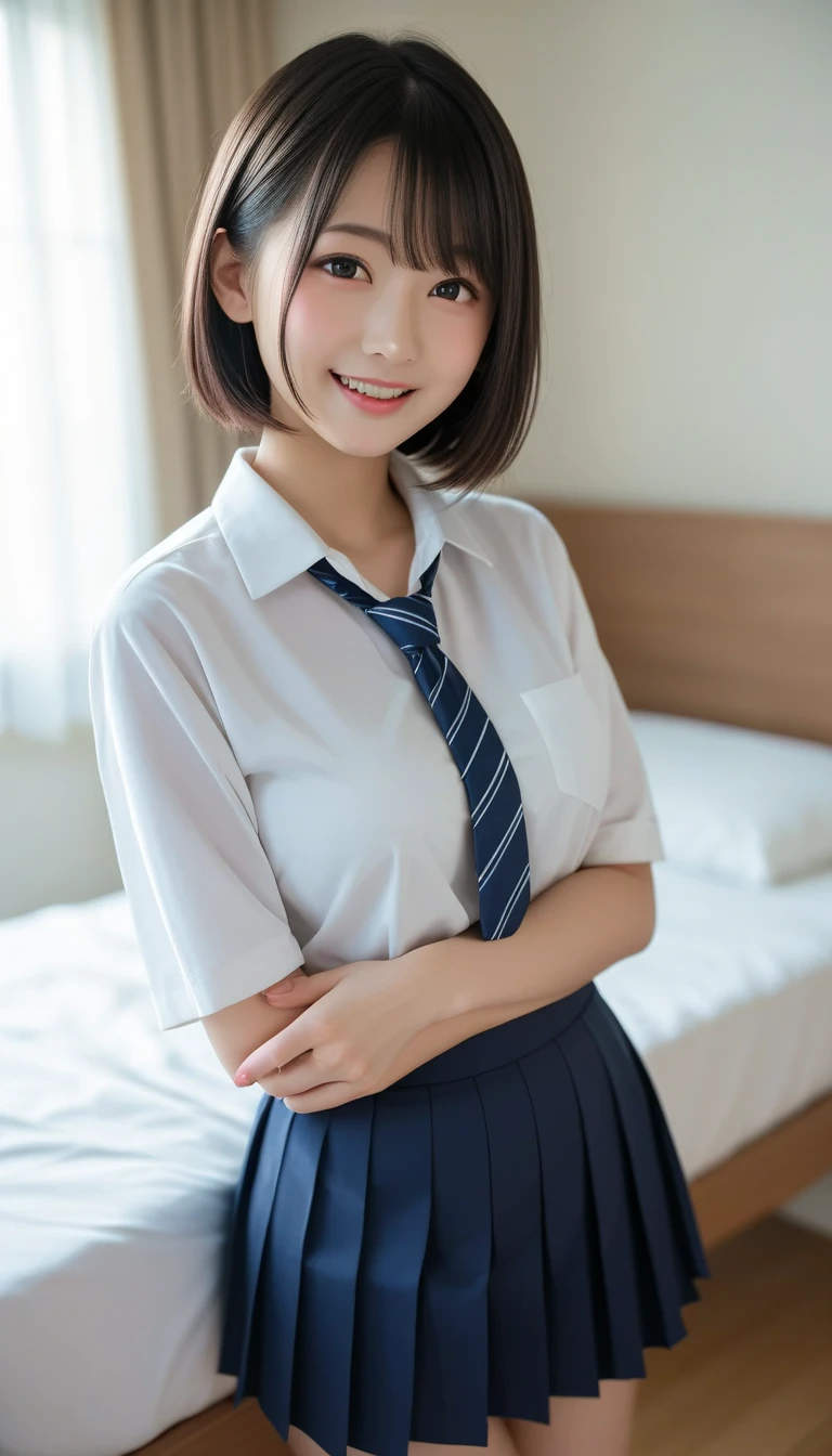 (masterpiece:1.2), Japanese, (14 years old), (a girl), room, (pretty school uniform), thighs, bedroom, hair bun,