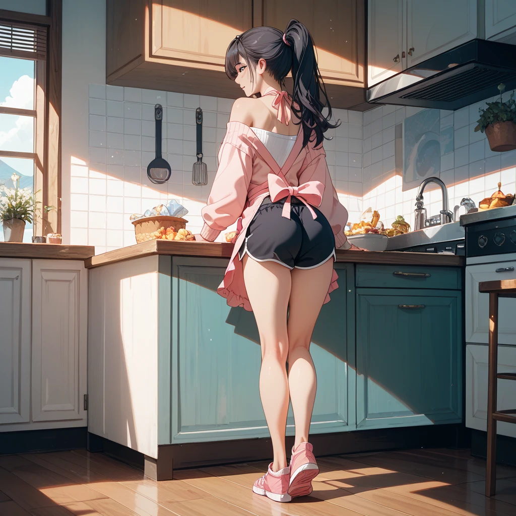 Hay una mujer en bikini parada en una cocina, curvy accentuated booty, Thicc, pose sexy, Amouranth, illuminated from behind, Pose elegante, Pata, Pose elegante, curvy model, look sexy, cuerpo sexy, retroiluminado, Derriere tonificado, peeping from behind, pose casual, Linda pose elegante