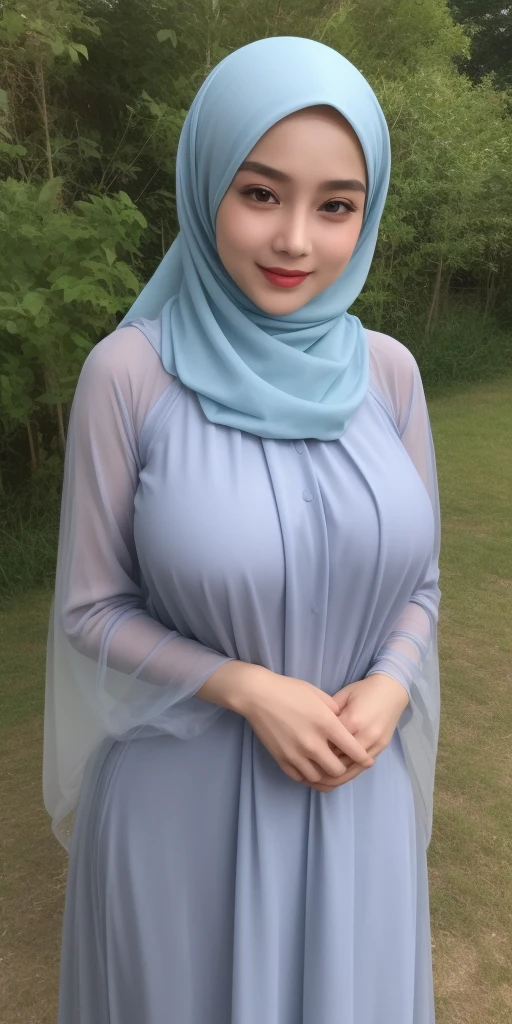 Luna Maya, (RAW photo:1.2), (photorealistic:1.4),(masterpiece:1.3),(best quality:1.4),ultra high res,(detailed eyes),(detailed facial features),(detailed clothes features),HDR,8k resolution, skin tight, (((high detailed skin,visible pores))), dreamlike, (ulzzang-6500-v1.1:0.5),pureerosface_v1:0.2, face close-up, 1 girl, tall body, slim faces, body abs:1.2, , 30 years old, gigantic breast, wearing tight close pastel flowing silk malay gamis with hijab, full body, beautiful shy smile, wearing high heels, back view, (wide hips), (slightly rounded), (medium ass)