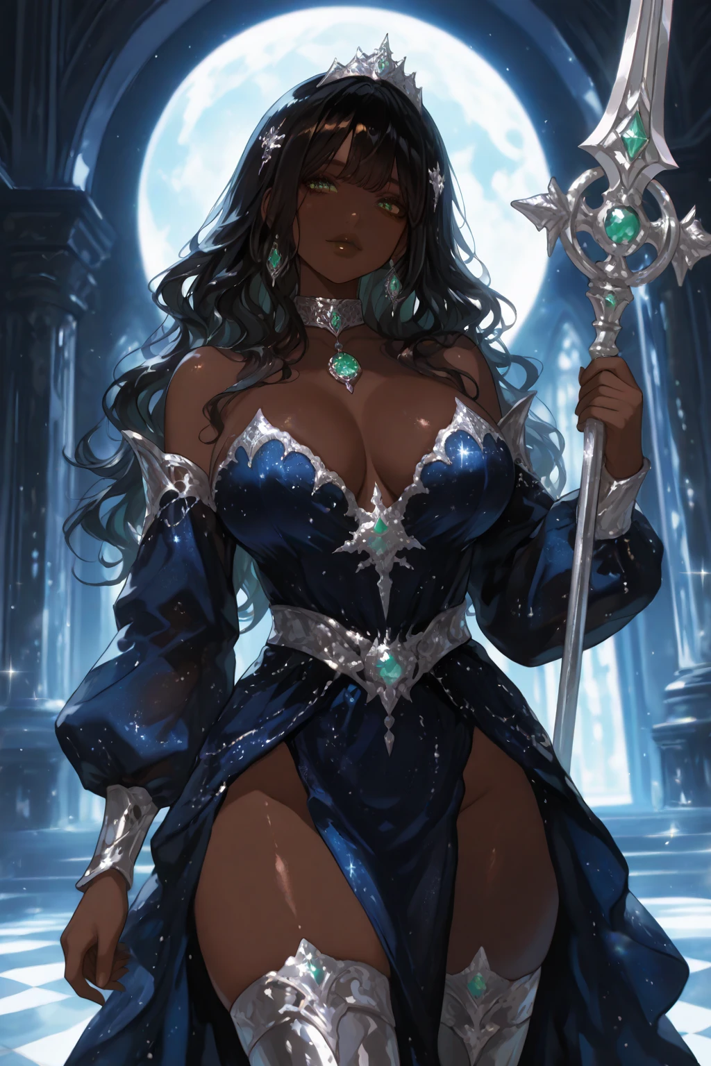 2 dark skinned girls, very detailed purple irises, wearing summoning robes, summoning circles, long hair, curled hair, hopless, using magic, huge tits, covered in cum