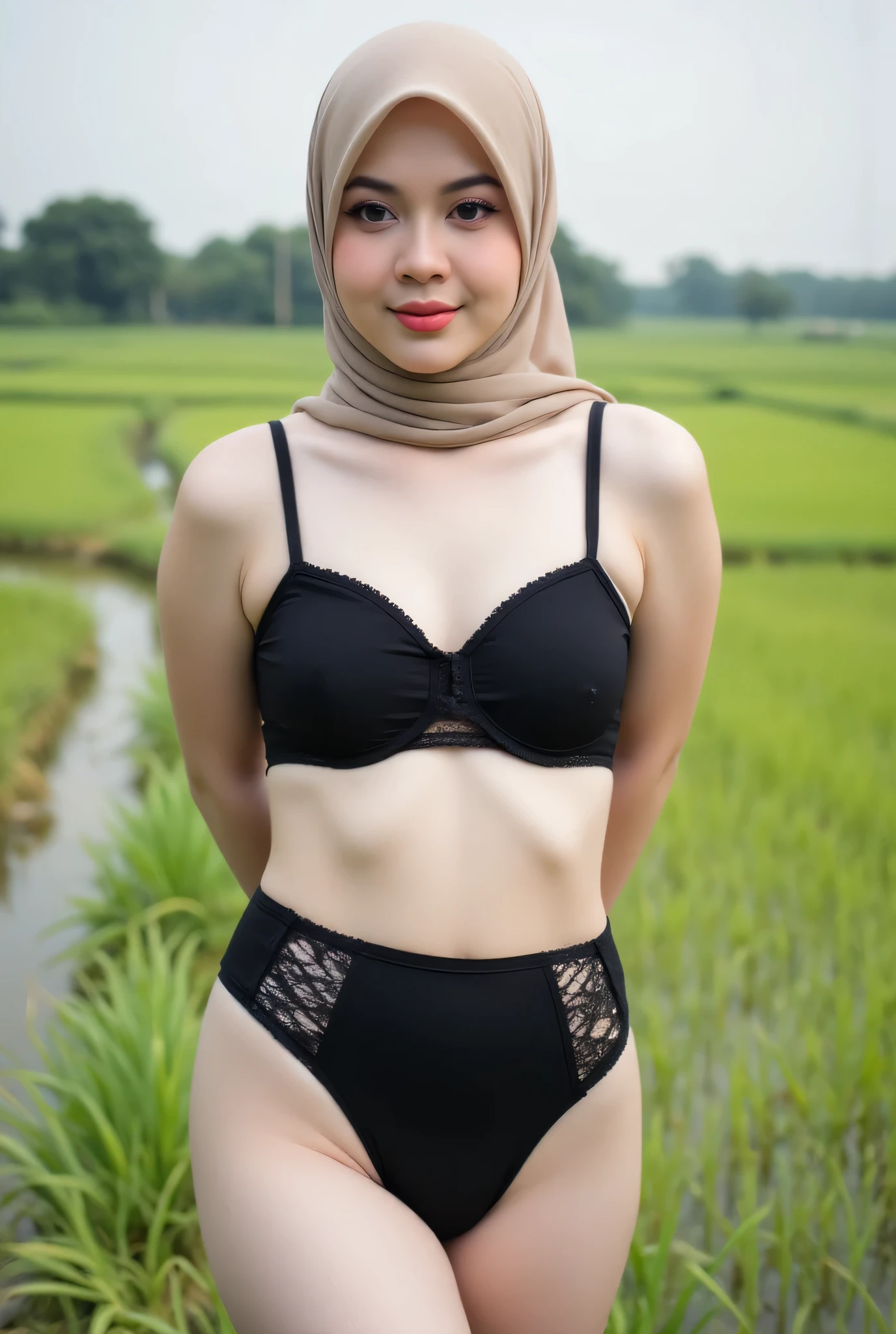 Small cute the face really moody, (Shree Sexy Black plain Garter Belt) closed my center, Tetek besar melayut, hijab hijab hijab hijab, (photorealistic:1.6), background rice paddy. daytime atmosphere, don't put any rope! flat chest!, duduk di atas kerusi kaca, hands behind back spread the while legs astride, view from front, (Singlet plain)