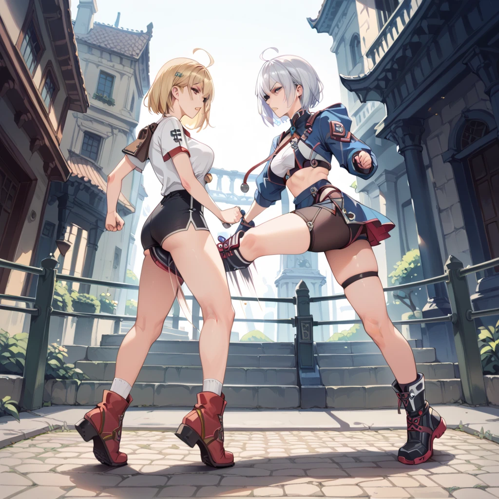 (Very delicate and beautiful:1.2)super model,,Big Breasts,Beautiful breasts,voluptuous,【bike shorts】,,【2girls】,,Highest quality, High resolution, 8K,Kick in a hurry.mini skirt,Two girls high-kicking a man