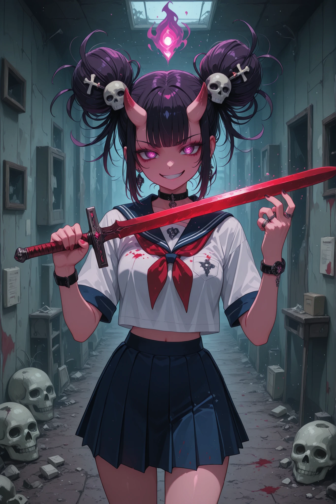Demon girl postman, schoolgirl, postman spirit, Grin, savagery, short pleated skirt,demonic hairstyle, jewelry, skull hairpin, a package in the hands of, bloody sword,aikido fighting pose