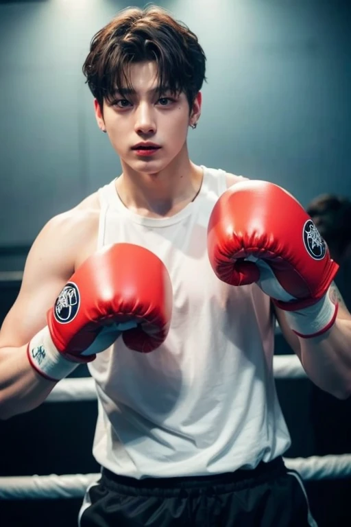((Highest quality))、((8K))、((high resolution))、((Masterpiece))、((Superb details))、((anime style))、handsome man、handsome boy in anime、((Looking at the camera from the side))、((stand))、(stalwart)、Medium structure、medium height、((Boxing fighting moves:1.4))、uneven black hair、Black eyes reminiscent of darkness.、His eyes were full of intent to kill the enemy.、(sharp, Strong and clear eyes)、natural eyebrows、very short hair、I waved my hair carelessly.、A fearless smile、ฟันเขี้ยวแหลมsharpราวกับสัตว์ร้าย、Plain black sports t-shirt、Dark blue jeans、The wind is blowing、street fighting