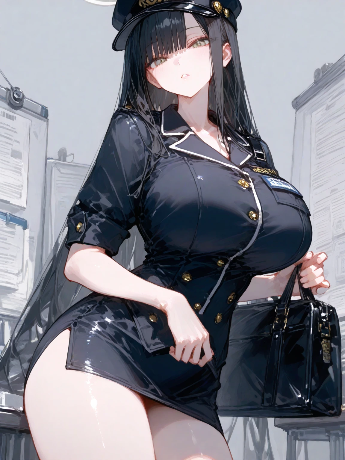 (Masterpiece,), Best Quality, ultra-detailed, perfect hands, perfect legs, Delicate eye expression, delicate face expression., 1girl (rinko_iori, Slender and sexy body, huge breasts, wide hips, naked body, dark blue hair, long hair, blue eyes ),closed mouth(wicked smile), a come-hither look, red lipstick, solo, sleeveless shirt, grey shirt, detached sleeves, necktie, arm tattoo, skirt, thighhighs, thigh boots,,full body, at a car racetrack , standing,Sexy waist teasing, a provocative pose , 