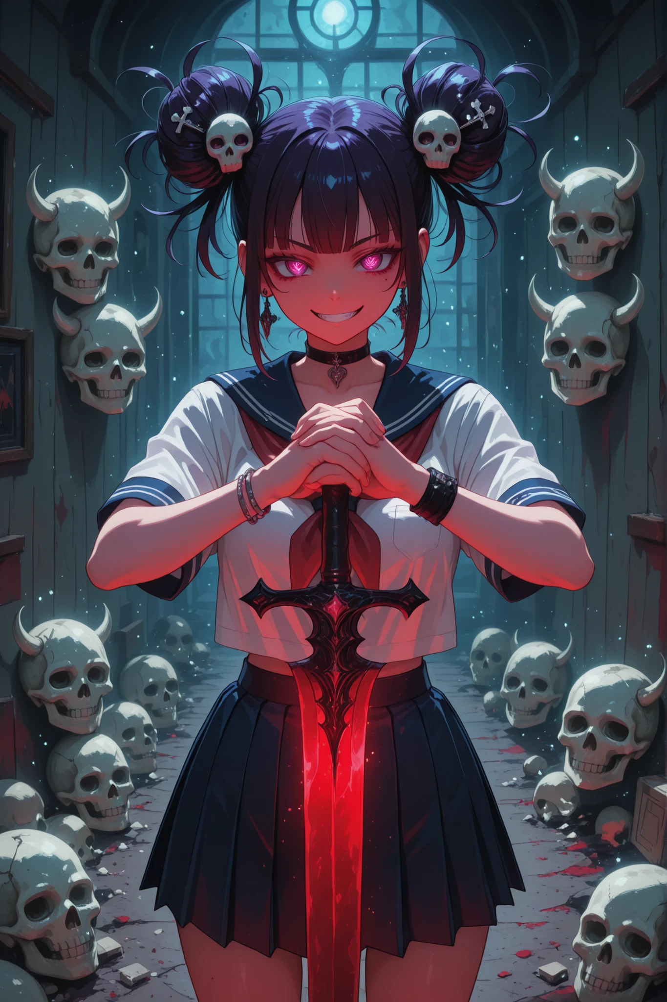 Demon girl postman, schoolgirl, postman spirit, Grin, savagery, short pleated skirt,demonic hairstyle, jewelry, skull hairpin, a package in the hands of, bloody sword,aikido fighting pose