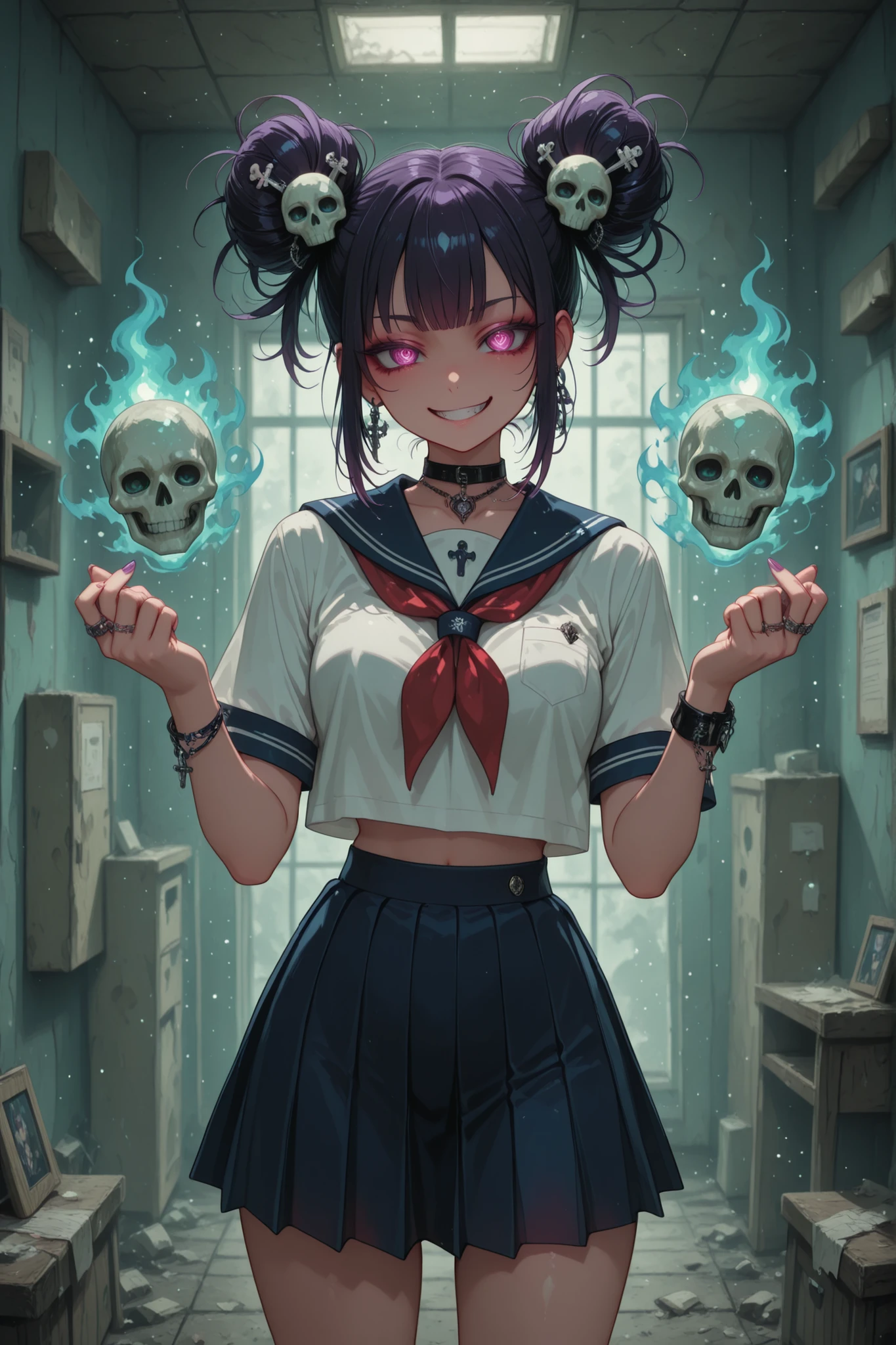 Demon girl postman, schoolgirl, postman spirit, Grin, savagery, short pleated skirt,demonic hairstyle, jewelry, skull hairpin, a package in the hands of, ,fighting pose 
