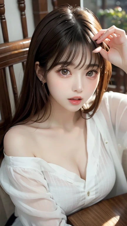 highest quality,Photo quality,Ultra-high resolution,Professional Lighting,20-year-old,Beautiful face like an actress,Wavy Hair,Clothes with bangs and a wide open chest