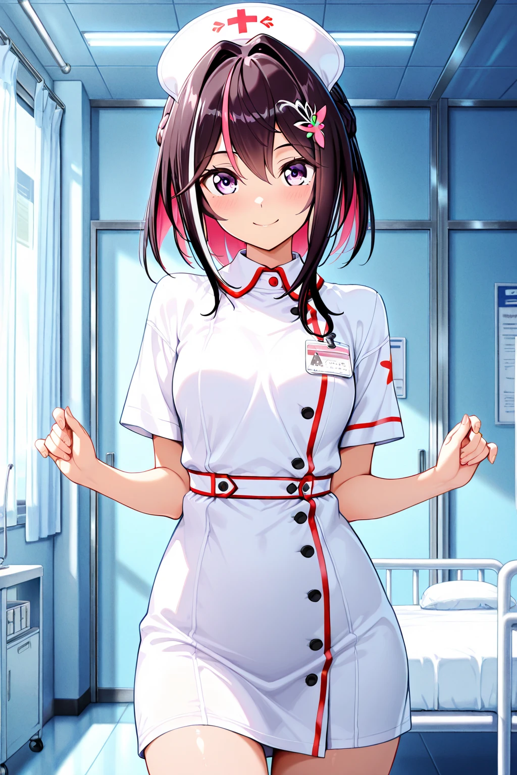 1girl, solo, nurse, nurse cap, white wear, ((white legwear, zettai ryouiki)), white gloves, pink hair, drooping eyes, ((covered nose)), standing, ((hospital room)), sharp outline, short sleeves, best quality, masterpiece,Fleshy,Brown eyes,Fleshy,Black hair,happy,lol,Heart,belt