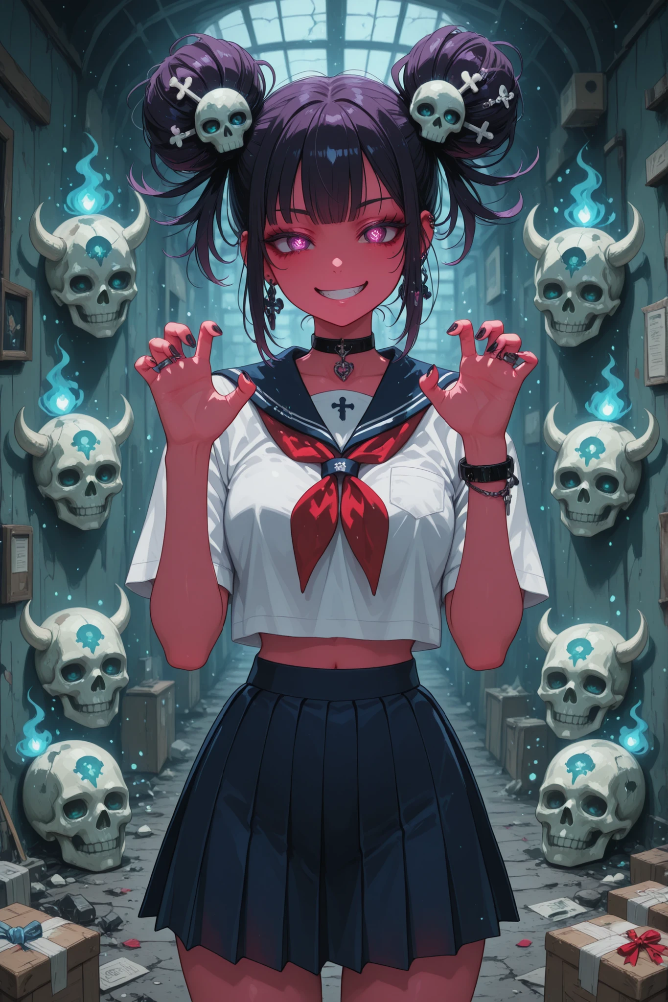 Demon girl postman, schoolgirl, postman spirit, Grin, savagery, short pleated skirt,demonic hairstyle, jewelry, skull hairpin, a package in the hands of, ,fighting pose