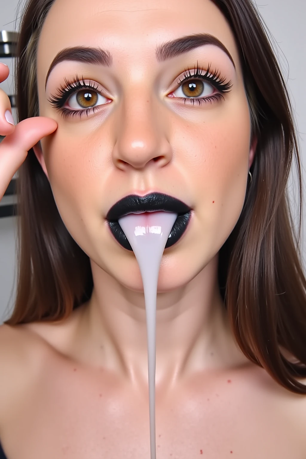 <lora:ValkAPL:0.7>valkapl,white hair,black lips, goth makeup,short hair,
realistic, grainy, amateur photo, portrait,small breasts,
masterpiece, extreme details, detailed, focus, masterpiece, realistic, photorealistic, 4k, 8k, 16k, highres
in a futuristic building,
,<lora:cum_b1:0.5> cum on face, cum on clothes,((facial)), open mouth,cum in mouth, ((mouthfull of cum))