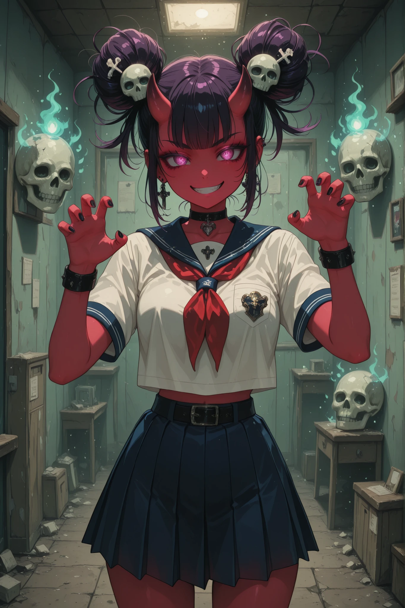 Demon girl postman, schoolgirl, postman spirit, Grin, savagery, short pleated skirt,demonic hairstyle, jewelry, skull hairpin, a package in the hands of, ,fighting pose