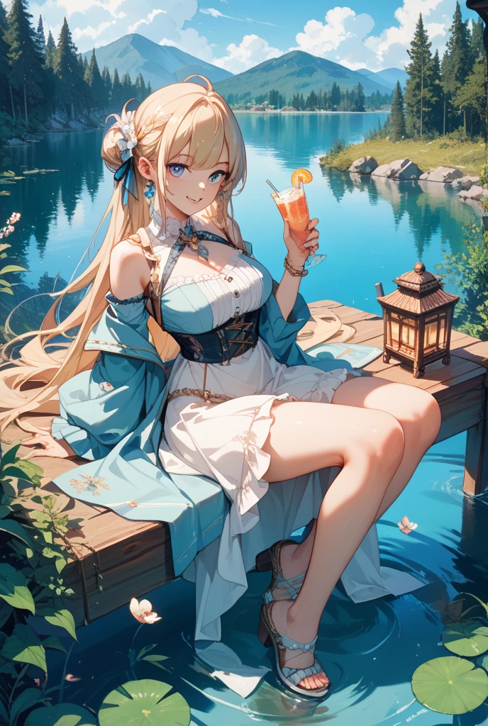 Hanfu(half undressed), 1 young girl, Less milk, cleavage, Mountain, soaking feet, sitting, blonde, chinese park background,white stockings,clear water,(feet:1.3), Exposing Milk(Girl pulls her clothes and exposes her breasts),
