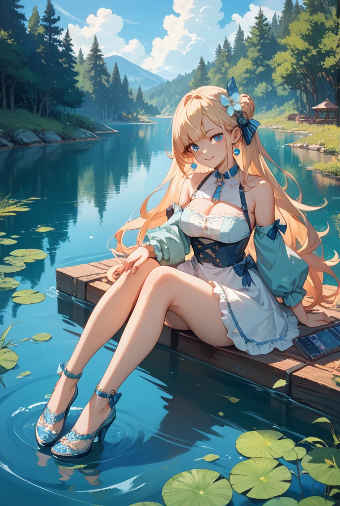 masterpiece, best_quality, ultra_detailed, illustration, volumetric_light, clear_focus, from_side, close_up, 1girl, elf, large_butterfly_wings:1.5, medium_breasts, blonde_hair, long_hair, single_braid, crossed_bangs, head_wreath, pointy_ears, green_eyes, seductive_smile, necklace, collarbone, cleavage, white_long_dress, anklet, barefoot, wading, forest, scattering_petals, water_splashing, pool, morning_glory, night, full_body,