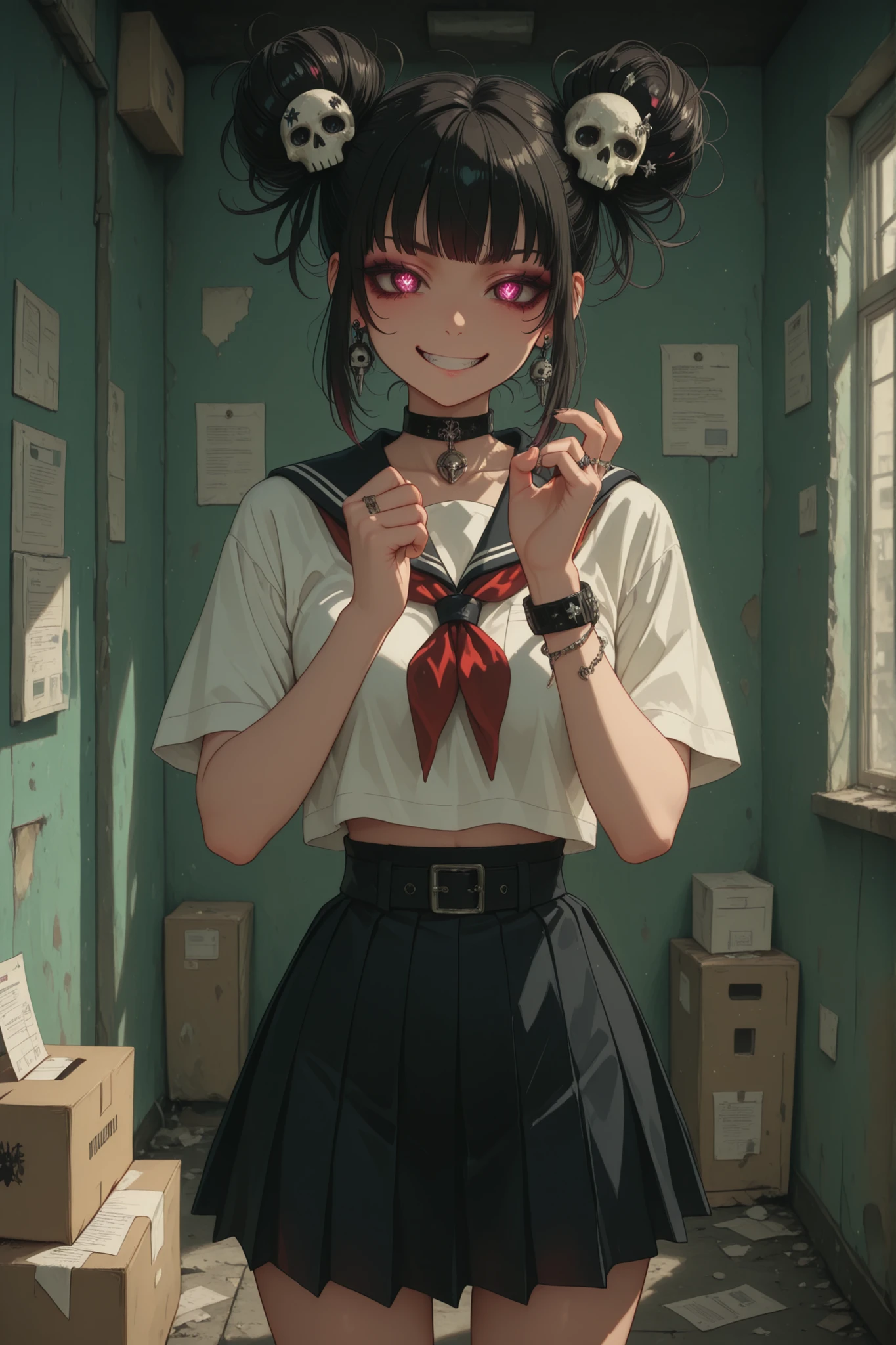 demonic girl ,postman, schoolgirl, дух postmanа, Grin, savagery, short pleated skirt,demonic hairstyle, jewelry, skull hairpin, a package in the hands of, ,fighting pose , mail delivery, paper box in hand