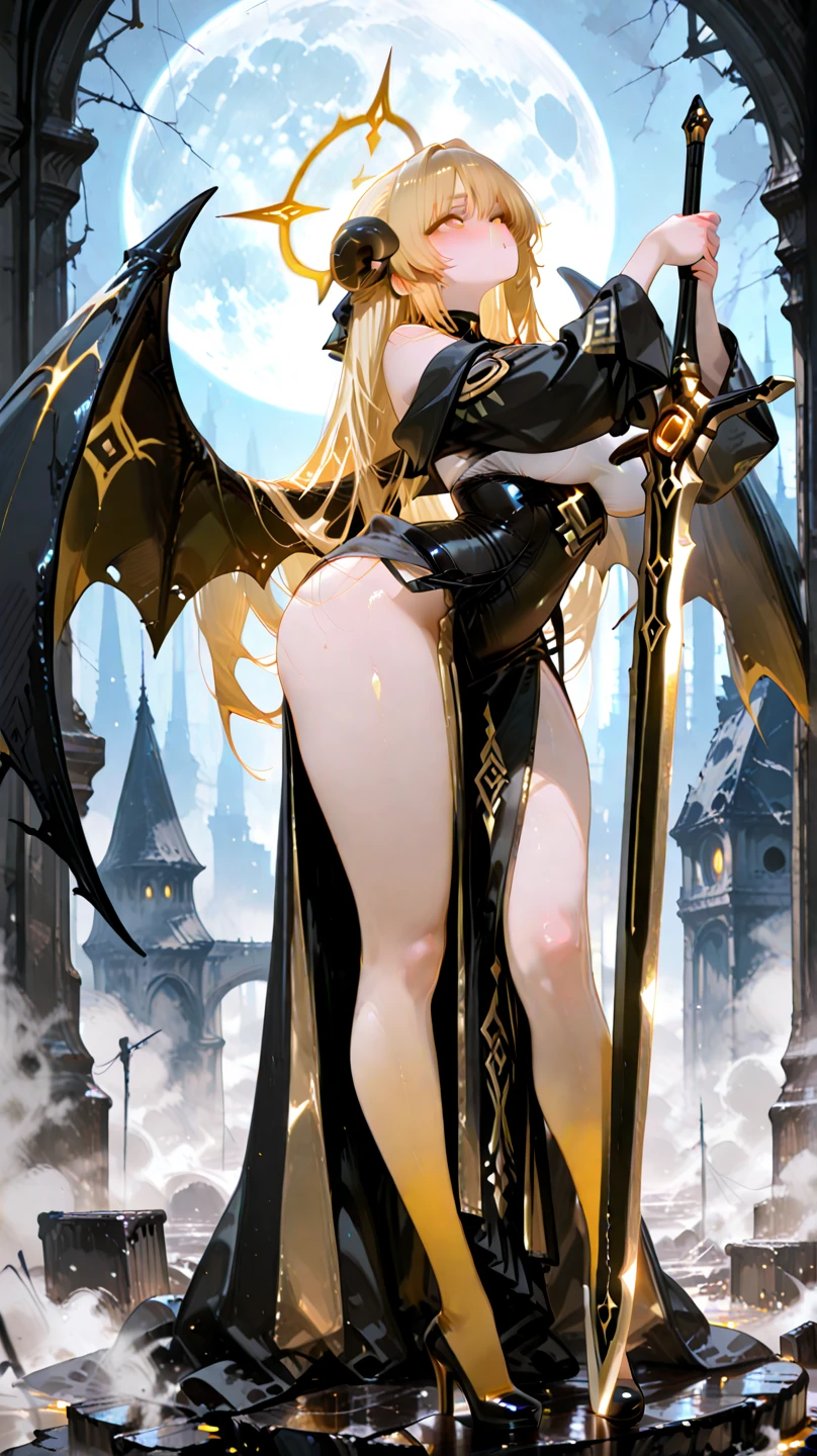 fantasy, 1devil_girl, low_teen, platina_blond_hair,long_bangs,, bare_shoulder, navel out, thighhighs,silver_armor, white_clothes,waist_armor, Glebe, hold_swords, large_breasts, dynamic_flying_pose,Floating, (1pair_bat_wings:1.2),(pelvic_curtain:1.3), silver_Headgear ,looking_down_at_sunrise_city_sky_background,,slightly_spread_legs, some_swords,some_swords_floating_around_the_girl,solo,horn ,smile,,open_legs,open_arms,rise_knee,rise_leg,rise_thigh,rise_leg,forward_leaning_posture,apart_legs,fang,Shiny_gold_eyes