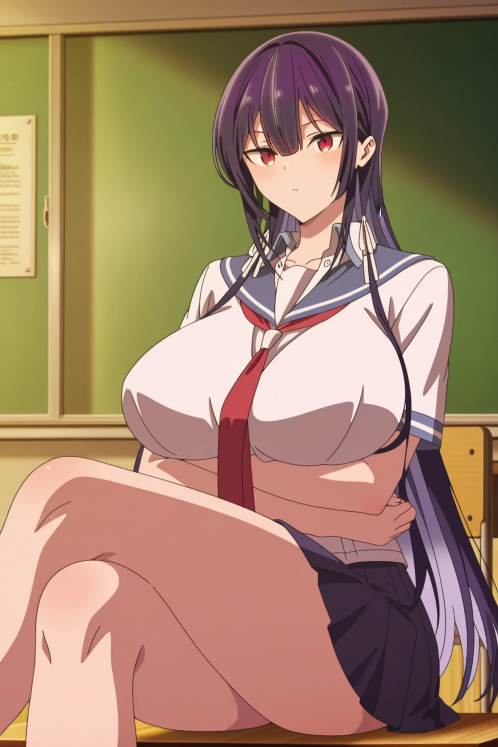 (Exposed gigantic breasts:1.4), (1girl, 1old man), ((cowgirl positon:1.4)), (girl on top:1.4), (facesitting:1.4), (old man lying on his back:1.4), Anime cel drawing style, Best Quality, High resolution, White sailor suit, Short sleeves, red neckerchief, Highleg Panties Thong,blue eyess, Purple hair, Bangs, Side Ponytail, Hair Ornament, embarrassed, fear, blush, looking at viewer, Full body, cowboy shot:1.6, classroom, Cunnilingus, sex, hetero, (nipple)