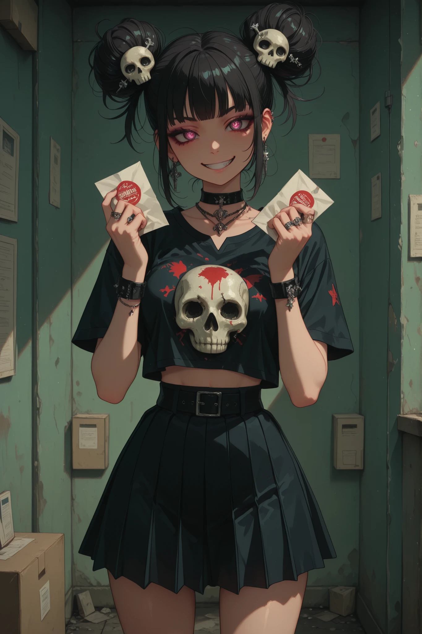 demonic girl ,postman, schoolgirl, дух postmanа, Grin, savagery, short pleated skirt,demonic hairstyle, jewelry, skull hairpin, a package in the hands of, ,fighting pose , Mail delivery, paper box in hand